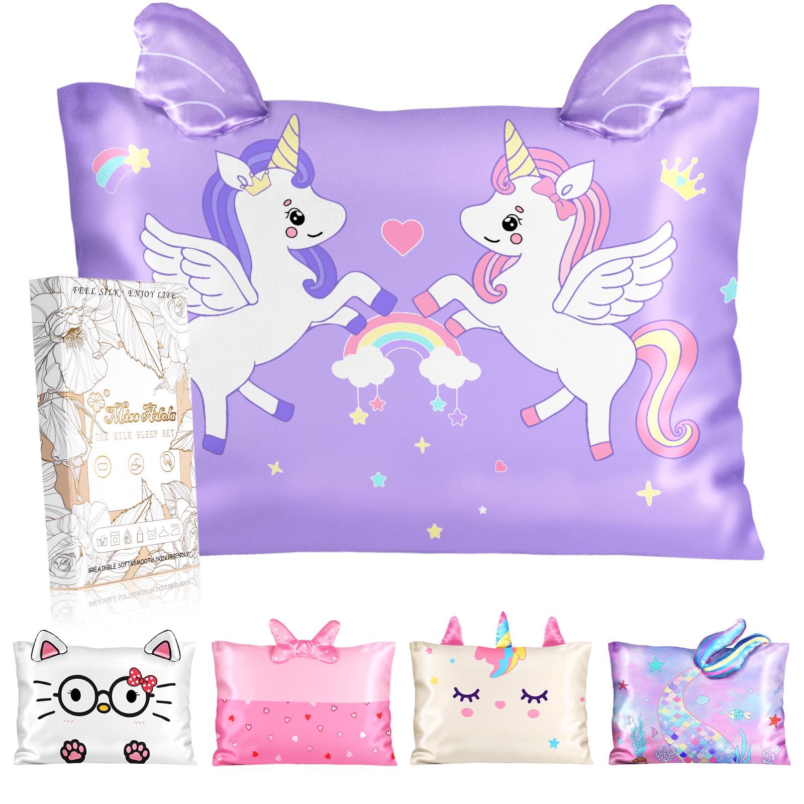 Miss Adola Kids Pillowcases Queen Size 20"x30" - Cute Cartoon Soft Breathable Silk Pillow Cases for Hair and Skin with Hidden Zipper for Girls Fun Kawaii Design for Bedding, Two Unicorns