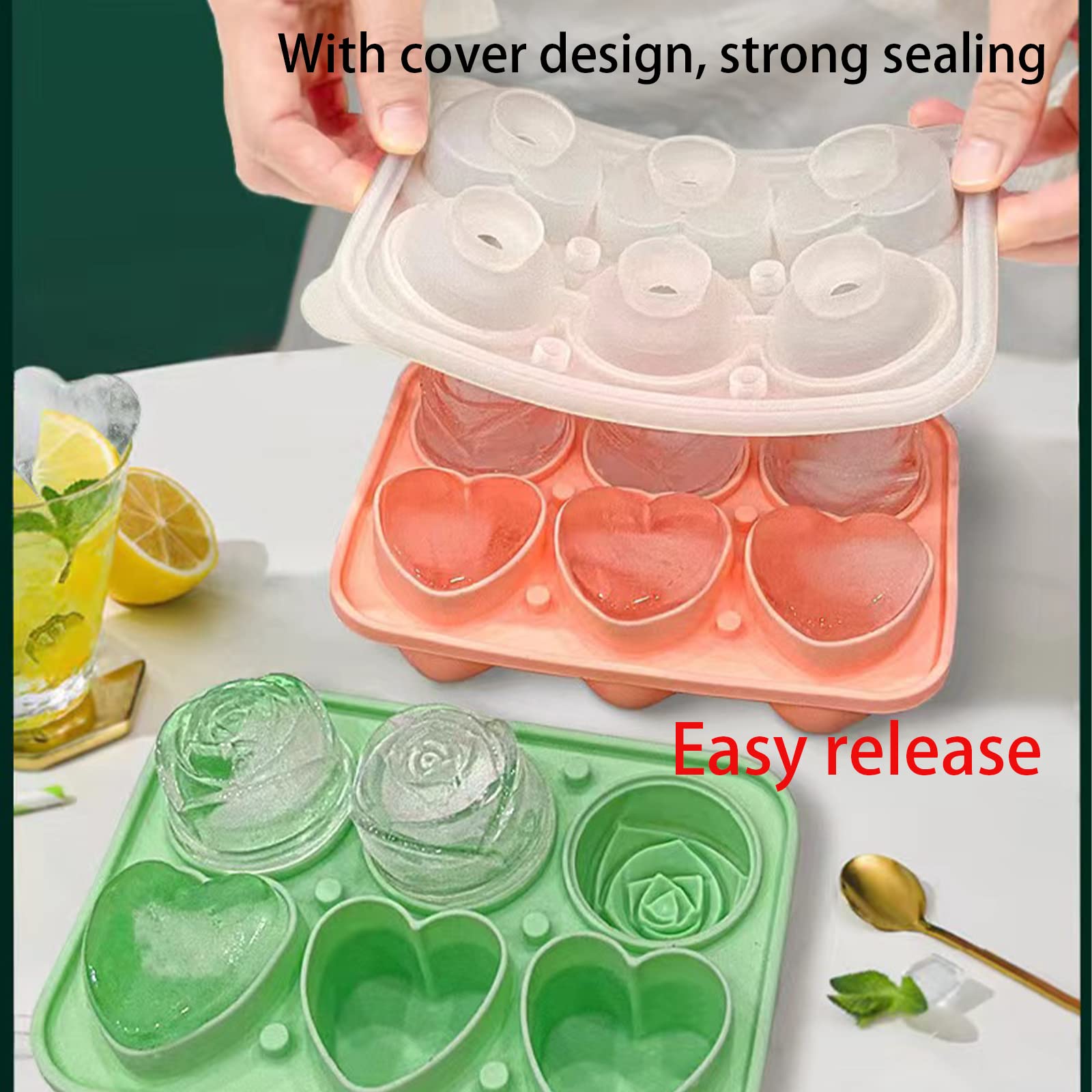 Vassoi Per Cubetti Di Ghiaccio In Silicone Con Coperchio – Confezione Da 2 Stampi A Forma Di Rosa E Cuore – 6 Cubetti Giganti Per Cocktail, Whisky, Succhi