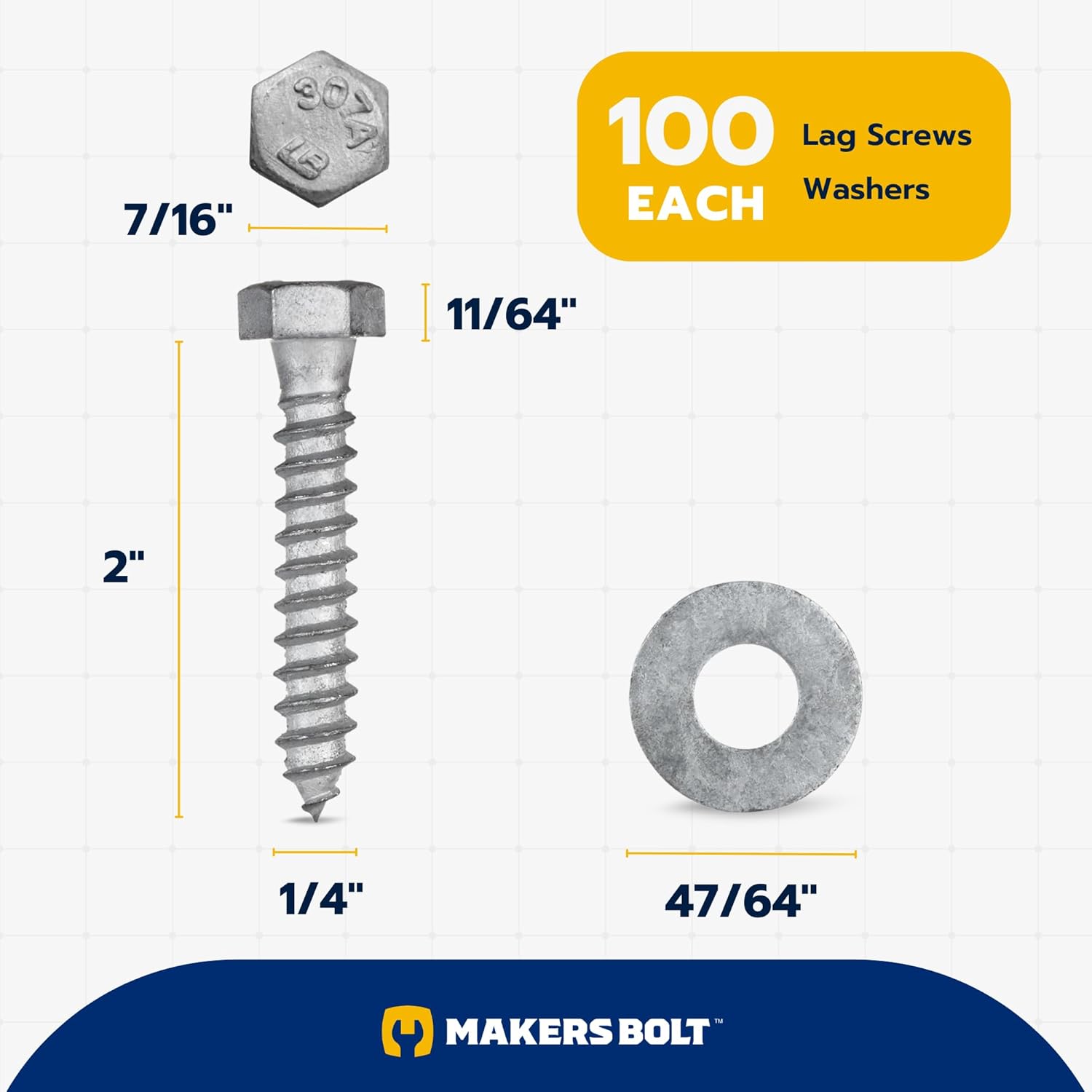 1/4 x 2 (100 Pack) Lag Screw Kit, 100 Screws and 100 washers, Hot Dip Galvanized, Meets ASME B18.2.1 Industrial/Commercial Grade by Makers Bolt