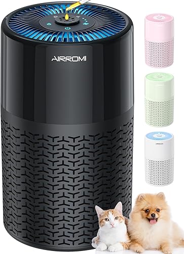 AIRROMI Purificador de aire para mascotas para alergias en el hogar, hasta 660 pies . Filtro de carbón activado desodorizante HEPA, con esponja de