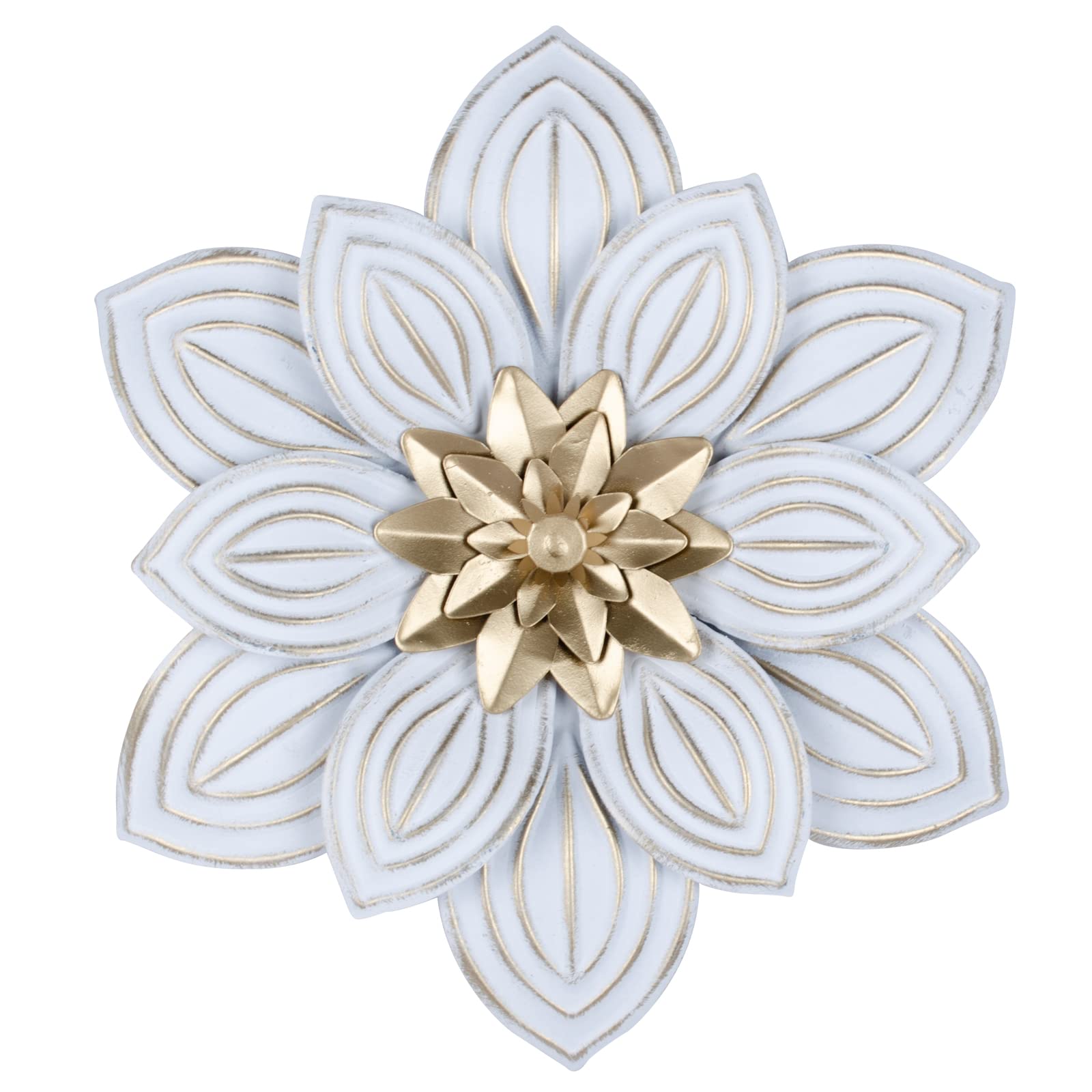 Decointo Metal Flower Wall Decor - 10.5 inch Rustic Metal Floral Wall Sculpture for Patio, Garden Fence Art, White Brush Gold Finish Farmhouse Hanging Decoration