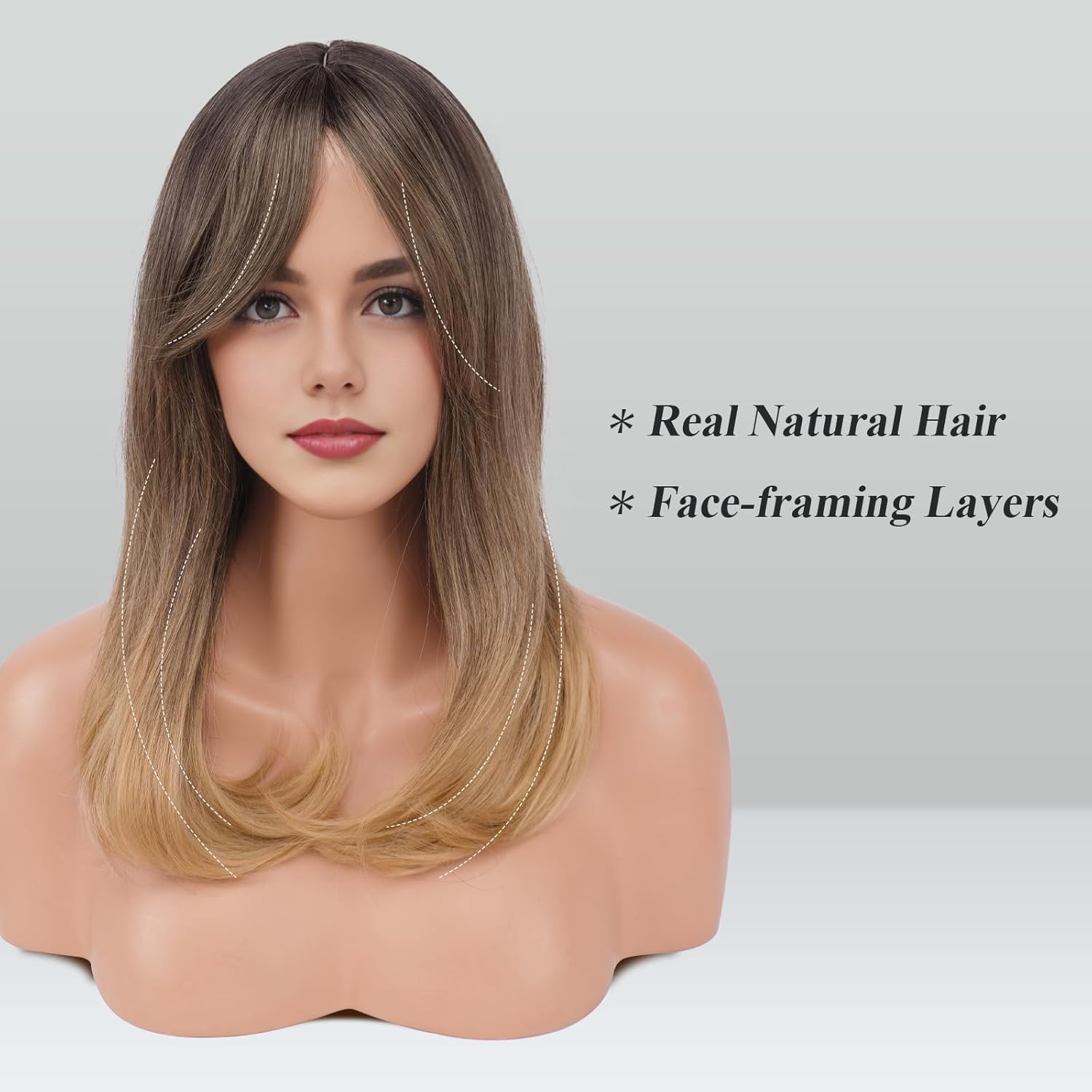 FESHFEN Brown Ombre Blonde Wigs with Bangs, Synthetic Natural Looking Long Layered Straight Hair Wig for Women Daily Party Use, 18 inch