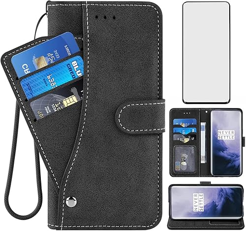 Asuwish Funda tipo cartera compatible con OnePlus 7 Pro y protector de pantalla de vidrio templado, funda con tapa para teléfono celular para