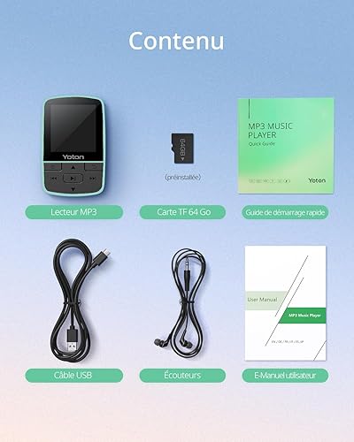 Miniatura 7 de Yoton Reproductor de MP3 con Bluetooth 5.2, 64GB, música HiFi, con clip deportivo y botón de volumen independiente, radio FM, auriculares incluidos