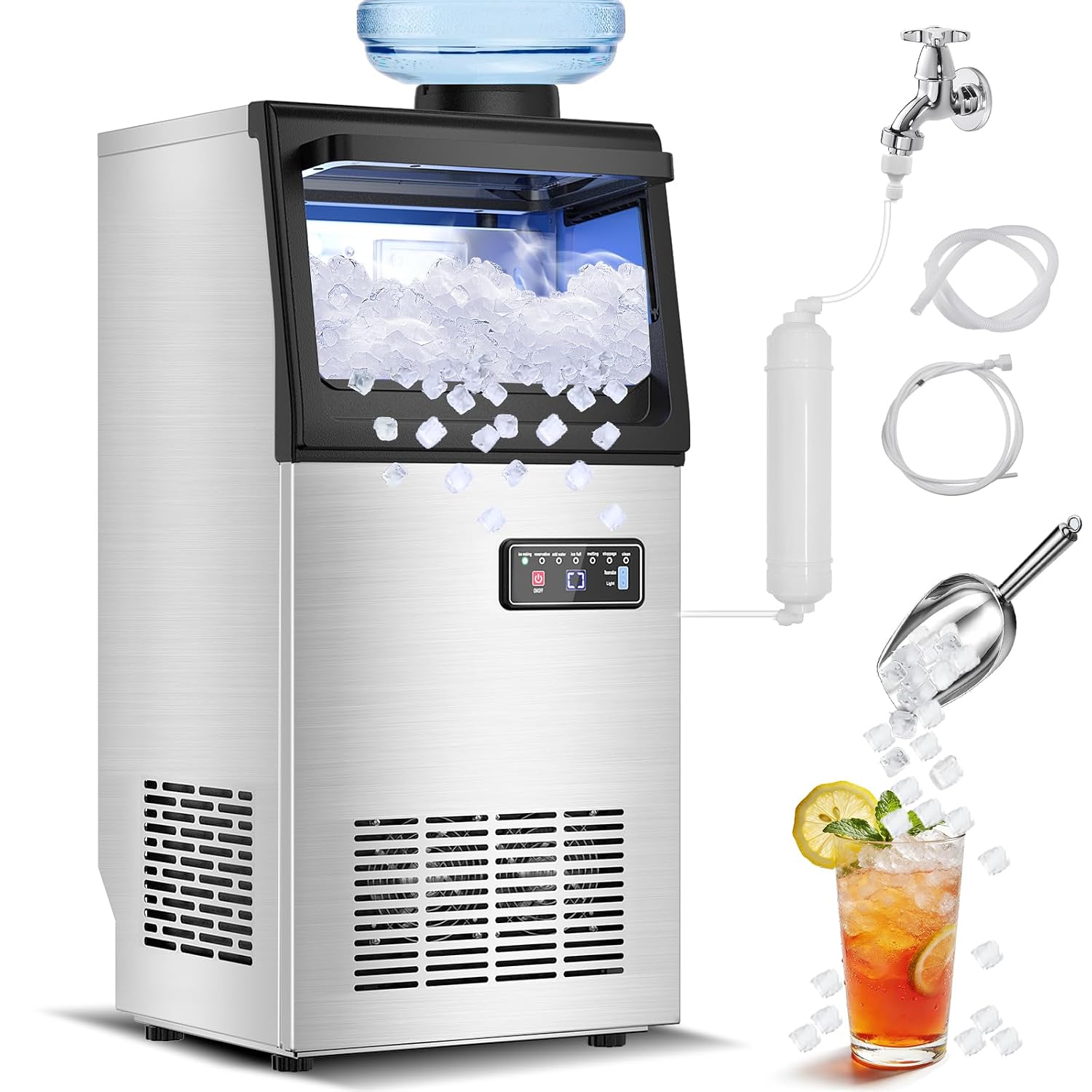 FoMup Nugget Ice Maker, 80lbs/24H, 20lb Storage, Commercial Undercounter, Sonic-Style Chewable Pellet Ice, Stainless Steel, Self-Cleaning