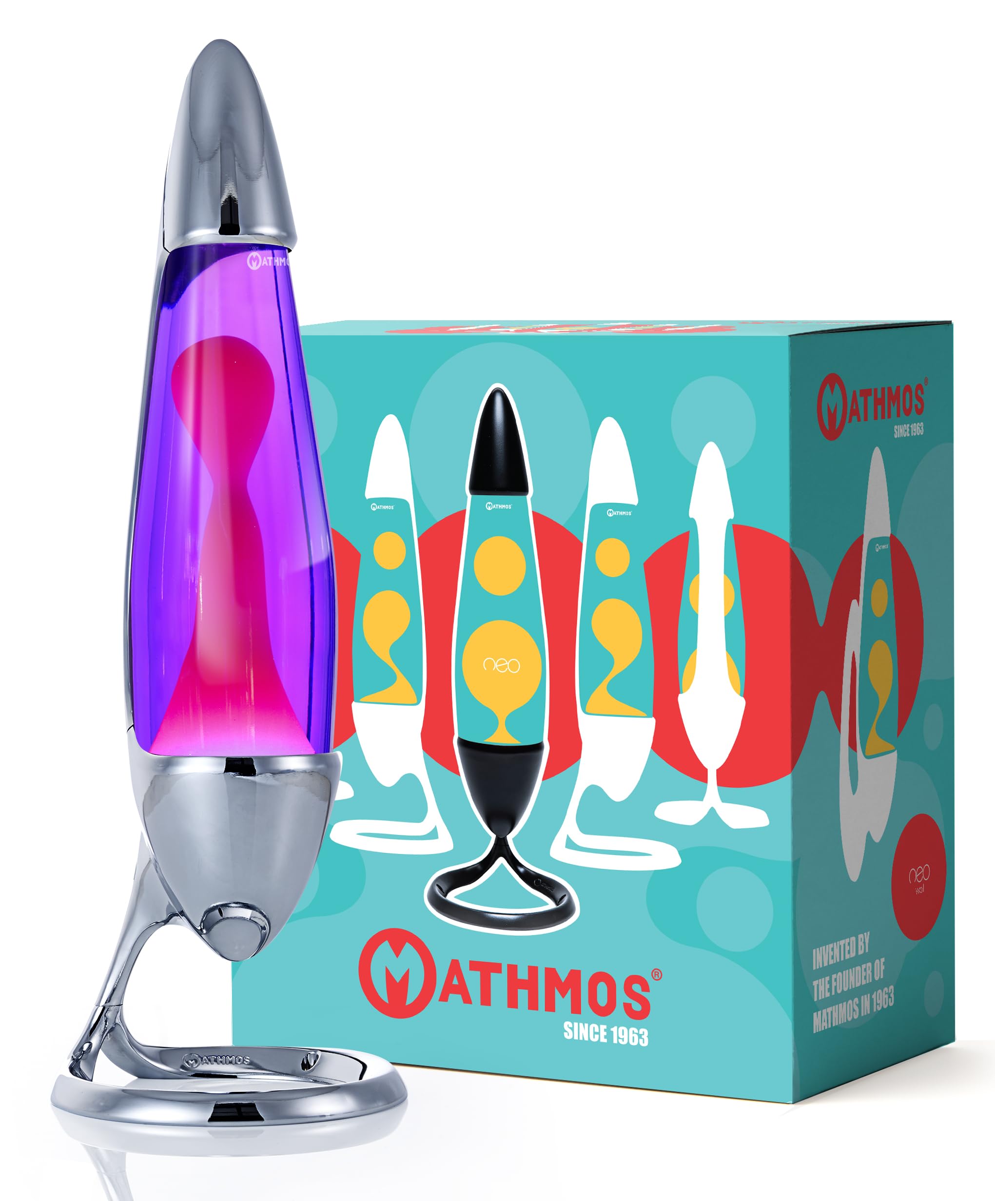 MATHMOS Lampe à lave Neo Argent, testée sûre pour enfants | Lampes à lave Violet & Rose à basse température et sécurité intégrée | Lave longue durée remplie à la main en Grande-Bretagne