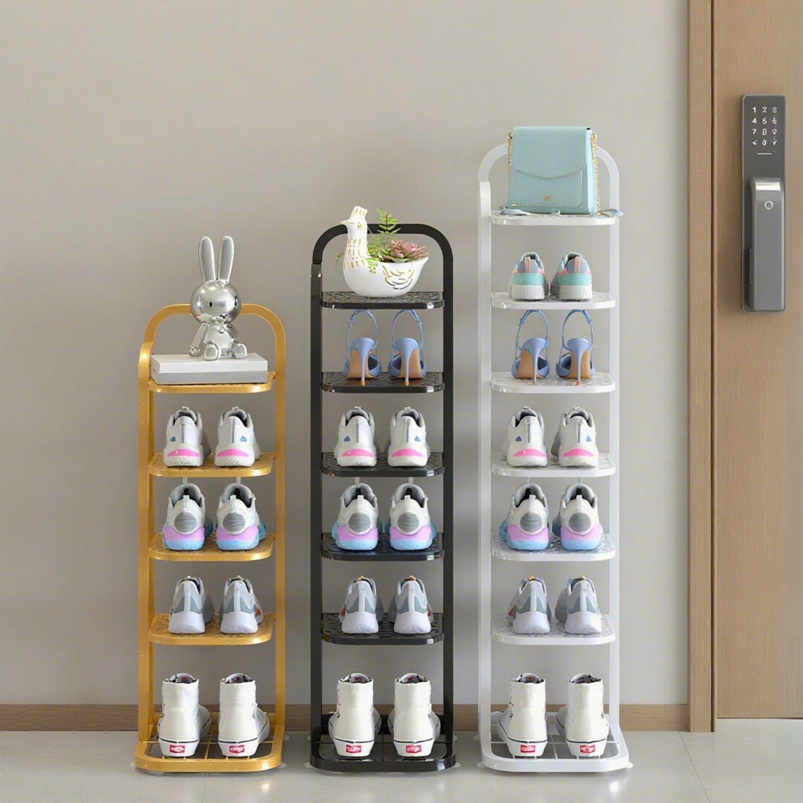 Scarpiera verticale in metallo a 5 ripiani, per spazi ristretti, soluzione perfetta per riporre l'ingresso e l'armadio, elegante bianco (79 cm) Zapateras