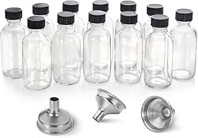 12 Pack, 2 oz Small Clear Glass Bottles with Lids & 3 Stainless Steel Funnels - 60ml Boston Round Sample Bottles for...