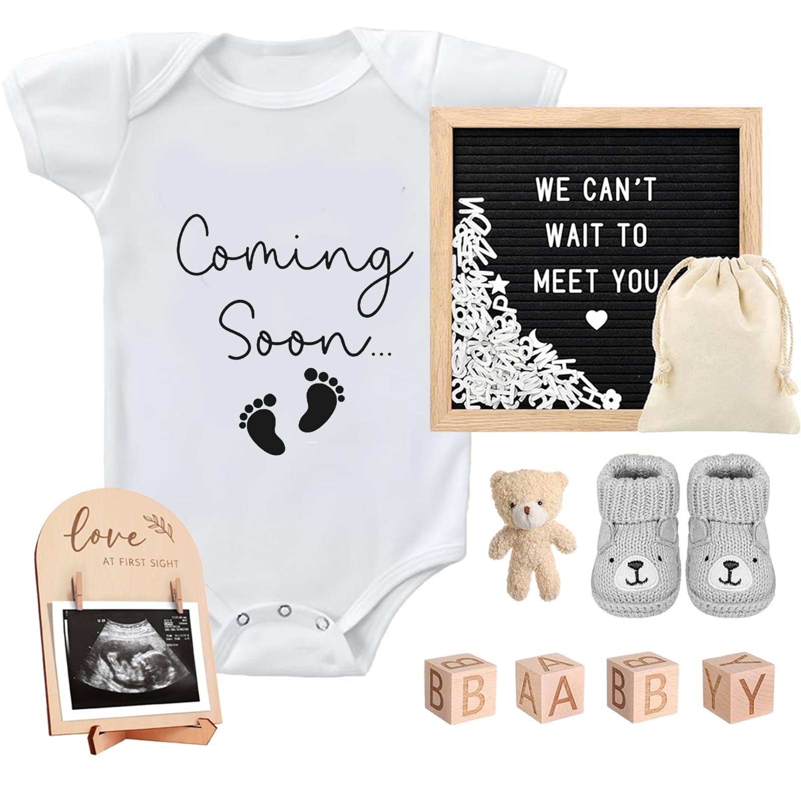 9 Pcs Pregnancy Announcements Set, Include Felt Letter Board Baby Bodysuit Shoes and Wooden Sign Surprise Announcement for Grandparents Partner Gift