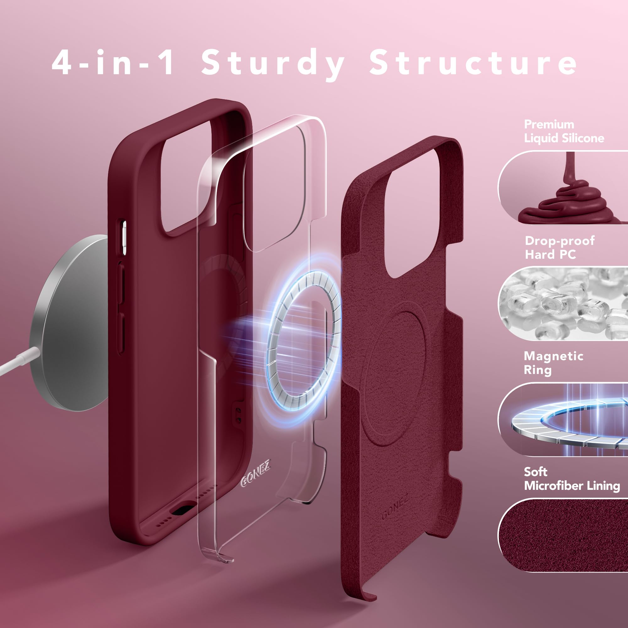 GONEZ Magnetische Hülle für iPhone 14 Pro Max, [kompatibel mit MagSafe], kratzfestes Mikrofaserfutter und Displayschutzfolie, stoßfeste schlanke Handy-Silikonhülle, 17 cm (6,7 Zoll), Kastanienbraun