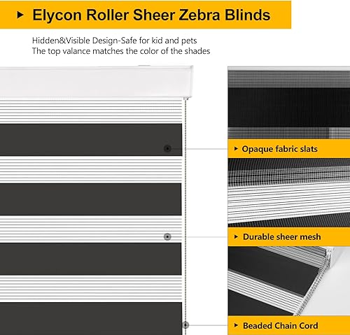 Miniatura 2 de Persianas enrollables tipo cebra opacas negras, persianas filtrantes de luz de privacidad para ventanas, material grueso con cadena de cuentas de