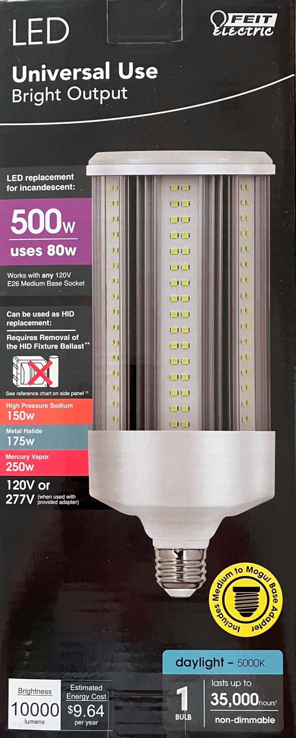 Feit Electric 500-Watt Equivalent Corn Cob E26 with E39 Mogul Adapter High Lumen HID Utility LED Light Bulb Daylight (5000K) (1-Pack) C10000/5K/LEDG3/