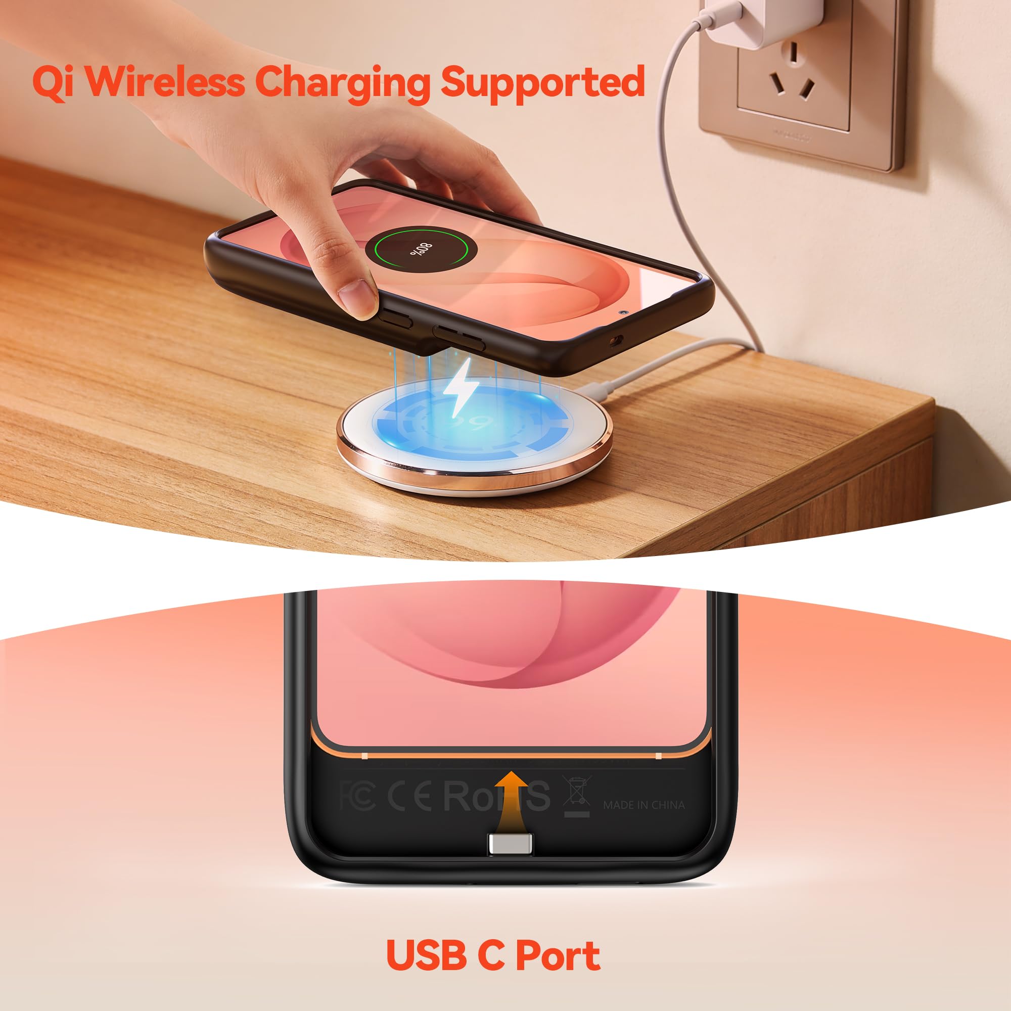 NEWDERY Akku hülle für Samsung Galaxy S26 6,3", tragbare Handyhülle mit Powerbank, kabelloses Qi-Ladegerät und USB-C-Schnellladung Battery Case