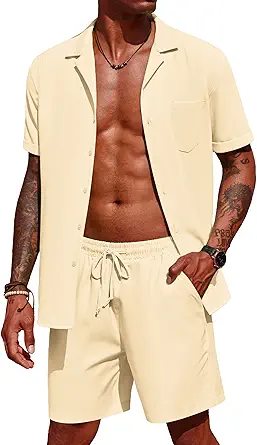 COOFANDY Men's 2 Pieces Shirt Set Short Sleeve Button Down Casual Hippie Holiday Beach T-Shirts Shorts Outfits