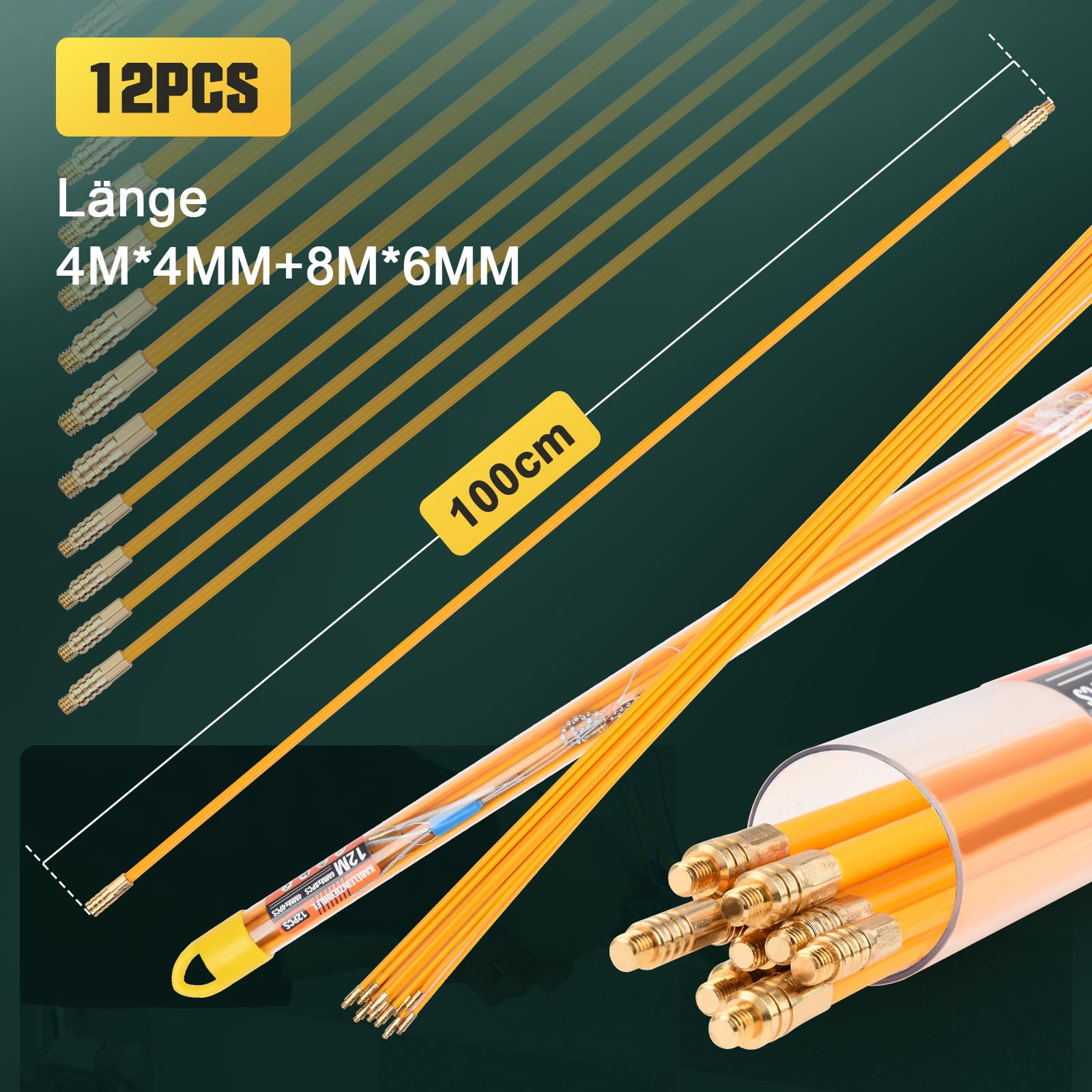 Câble de 12 m, 12 barres, 4 barres x 100 cm x 4 mm, spirales de rétraction, 8 tiges de 100 cm x 6 mm avec 9 adaptateurs pour tuyaux vides pour la pose de câbles