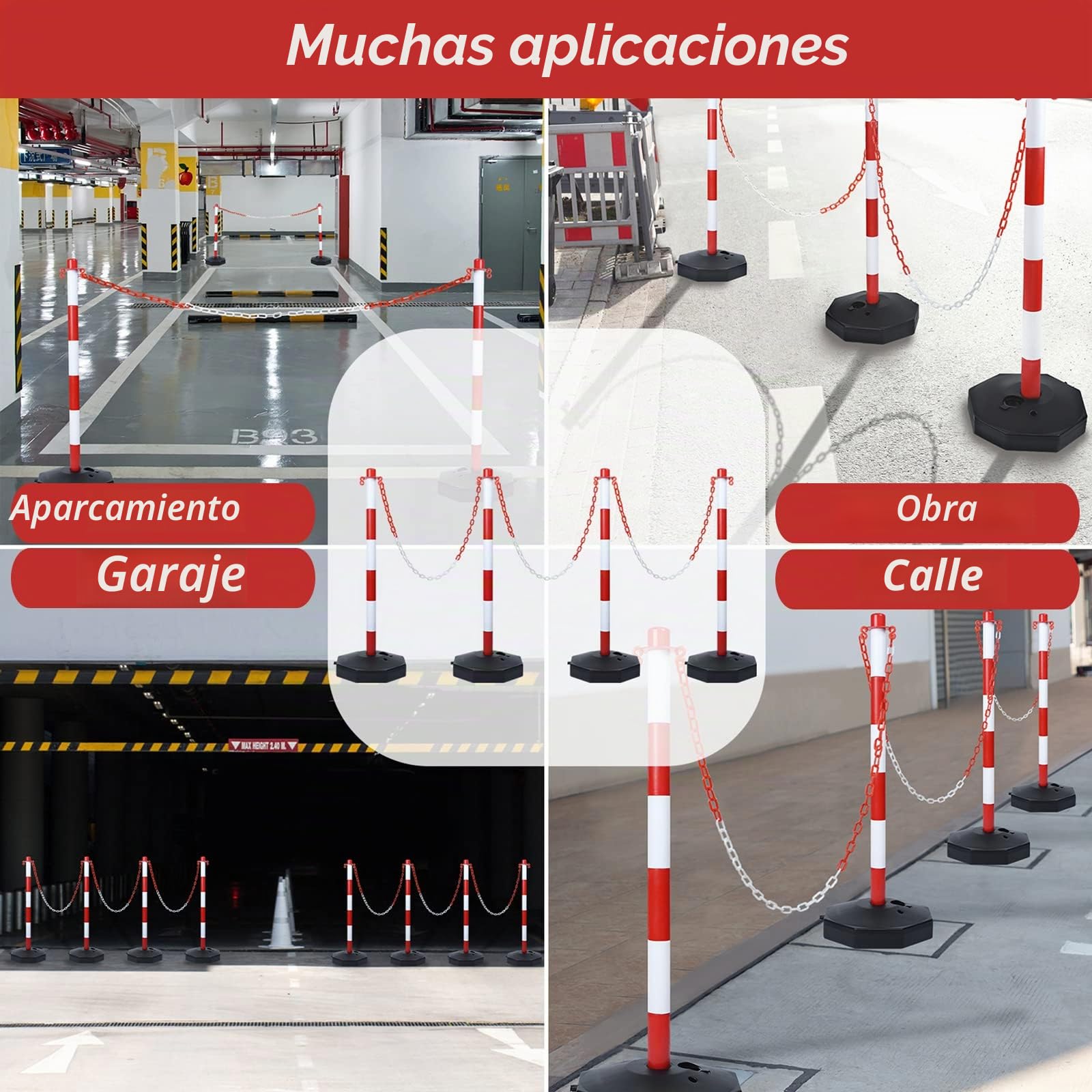 LZQ Juego de 4 postes de cierre con 4 cadenas de plástico para control de tráfico y advertencia, color rojo y blanco, 82 x 28 x 28 cm