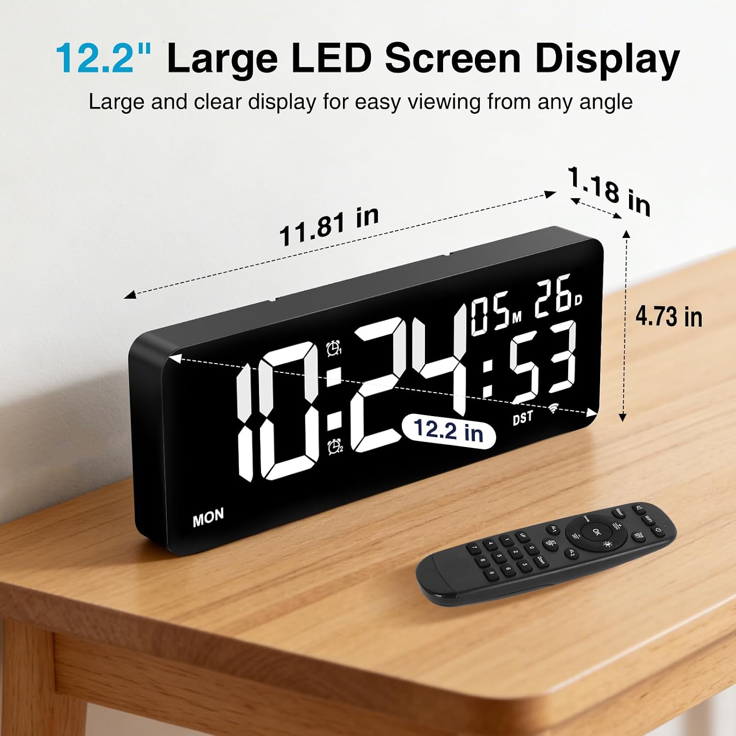 XREXS 12.2" WiFi Large Digital Wall Clock with Seconds and Remote Control | LED Display Shows Time/Calendar, Count-Up & Count-Down Timer, Dual Alarms for Home, Office & Classroom