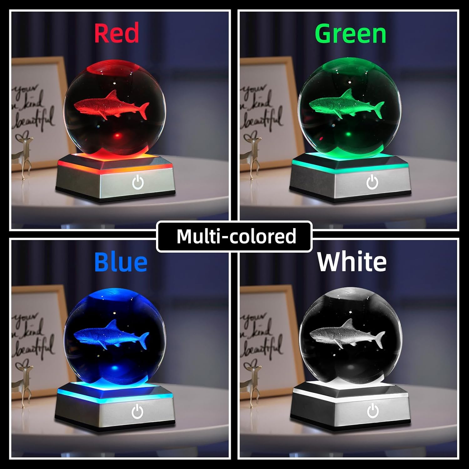 3D Shark Crystal Ball Night Light 3.15 inch Glass Ball Table Lamp with Color Changing Touch Base Decor Ideal Sharks Gifts for Friends Kids Christmas Birthday - Image 2