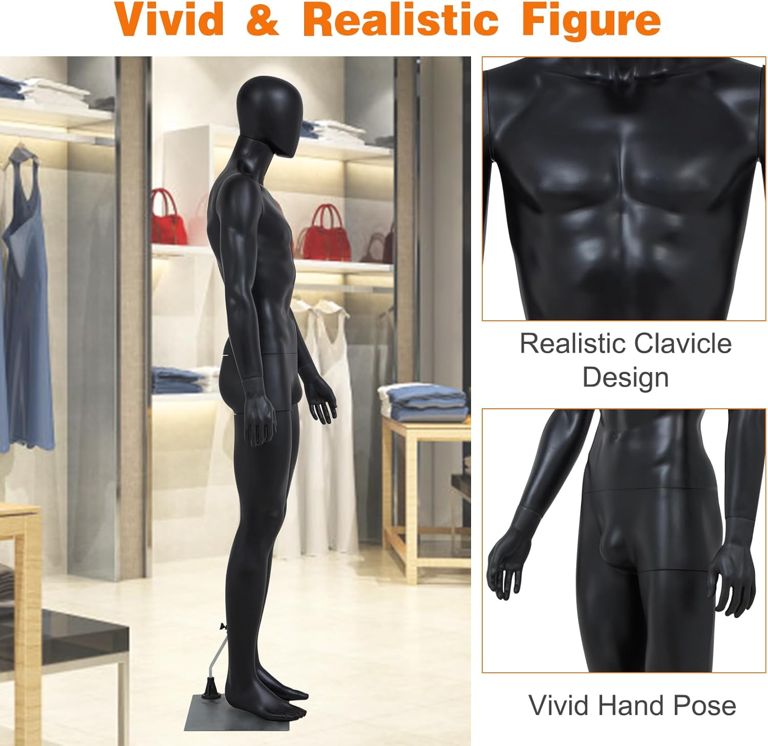 Kinpaw 6FT Male Mannequin, Full Body Mannequin, 72.8" Height Mannequins Body Male with Metal Stand, Dress Form for Tailor Shop, Clothing Store, Adjustable & Detachable, Black