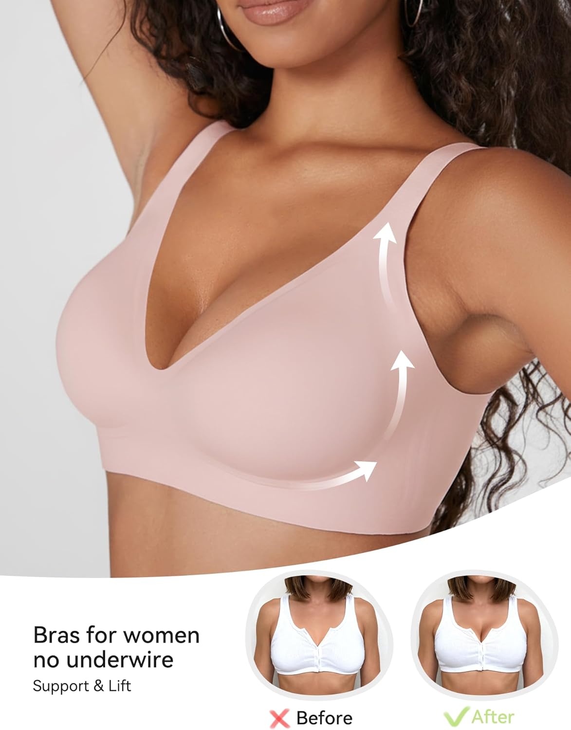 NOTEXT Women's Deep V Wireless Push Up Bra, Seamless T-Shirt Bralette with Jelly Strip Support, Invisible Wirefree Comfort - Image 2