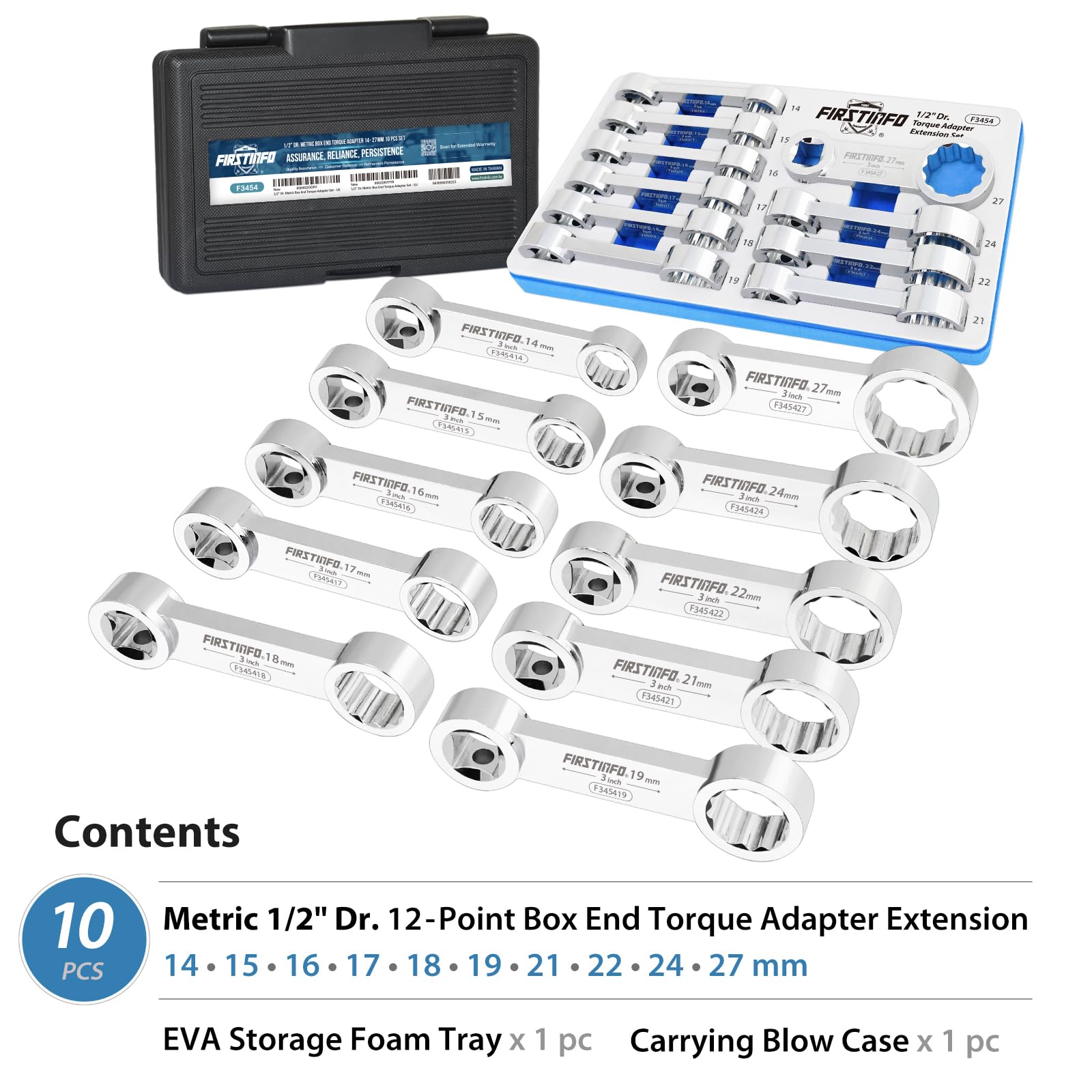 FIRSTINFO F3454 Zestaw adapterów momentu obrotowego 1/5.1 cm, 12-punktowa końcówka skrzynki, 14,15,16,17,18,19,21,22,24,27 mm, metryczny, 10-częściowy z konstrukcją CR-V | obudowa dmuchawa