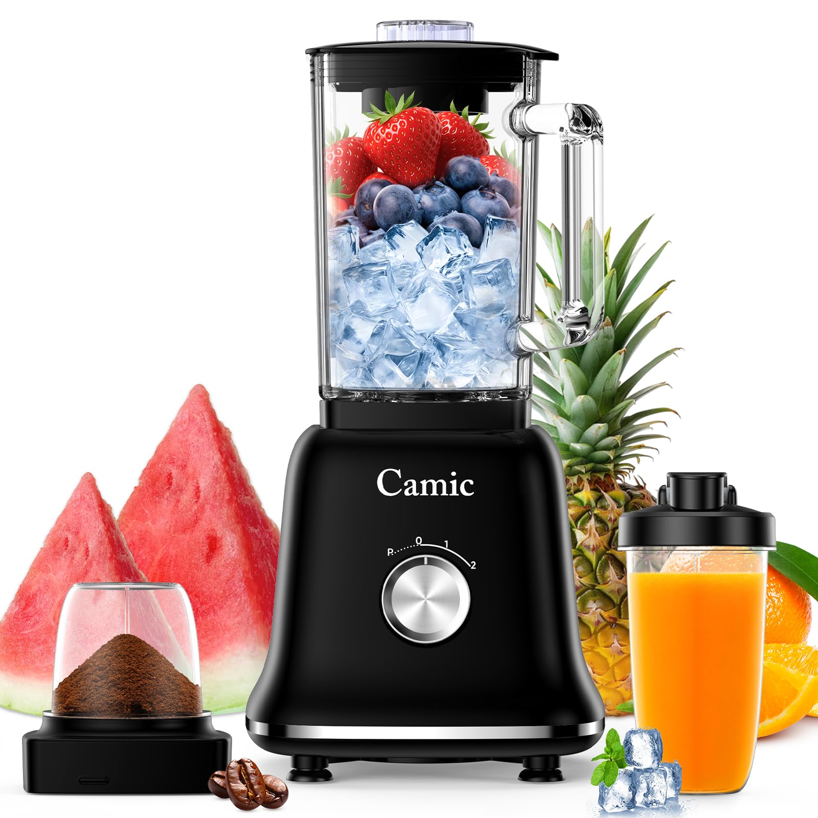 Camic blender mixeur 1200 W Mixeur Multifonction 3 en 1 avec Récipient en Verre de 1,6 L, mug de Voyage de 400 ml et Gobelet de Broyage de 200 ml, Mixeur à Impulsion/2 Vitesses