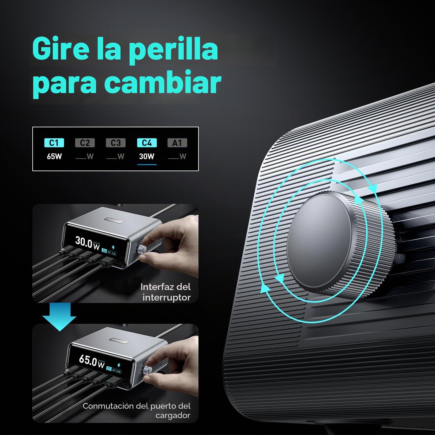Estación de carga de escritorio inteligente, estación de carga USB C GaN3 de 100W, ultrarrápida de 5 puertos, USB C con PD3.0 de 100W, QC3.0, pantalla LCD de 2,25" y dial de control inteligente