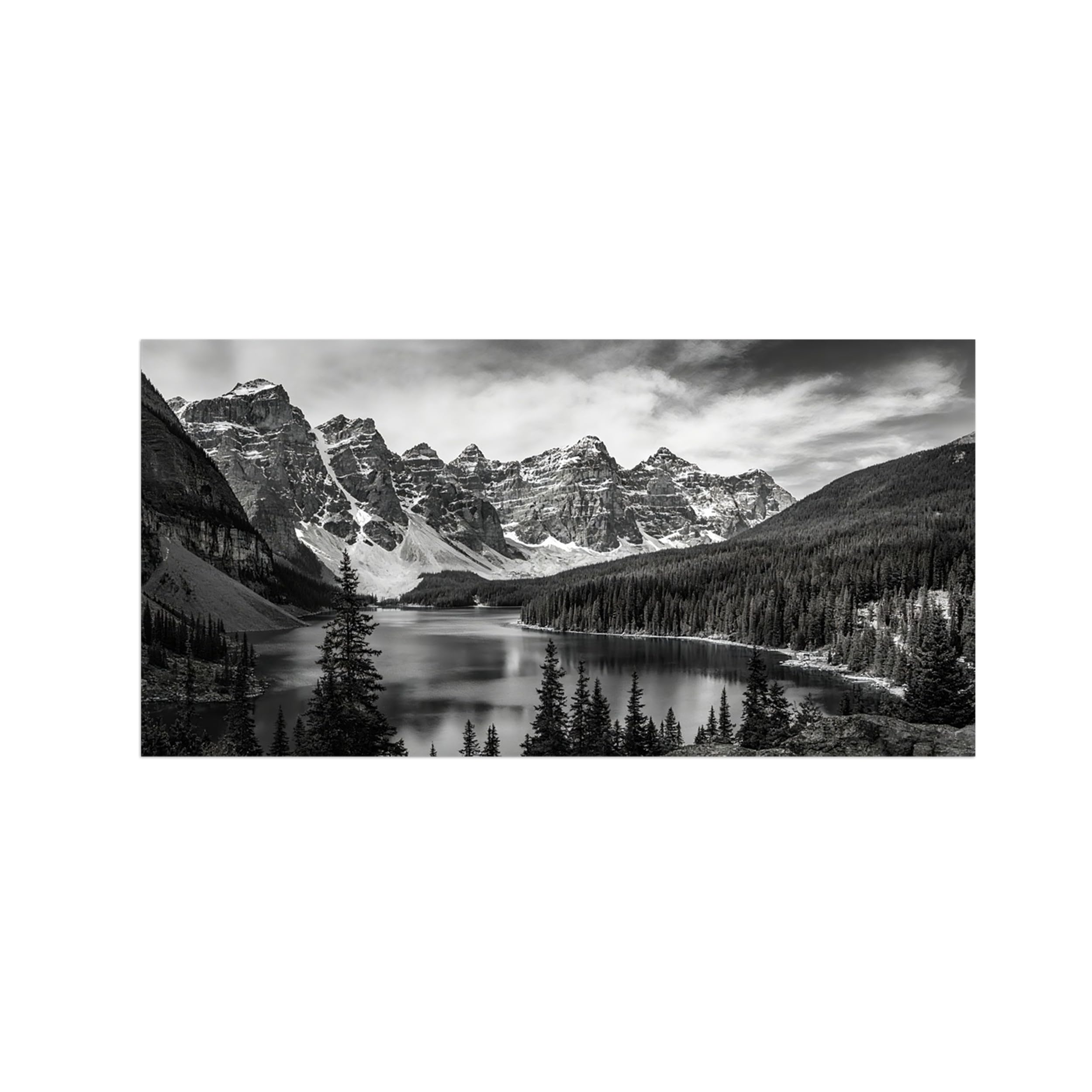 Black White Landscape Wall Art. Mountain Tree Lake. Picture 20x40cm Framed