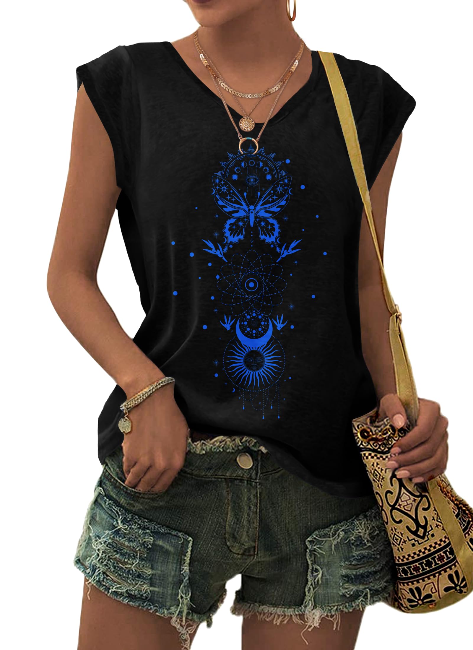 PLMOKEN T-Shirt Sommer Tank Top Damen - Ärmelloses Blusenshirt V Ausschnitt Blusen Shirts Oberteile Offset Bedrucktes Top