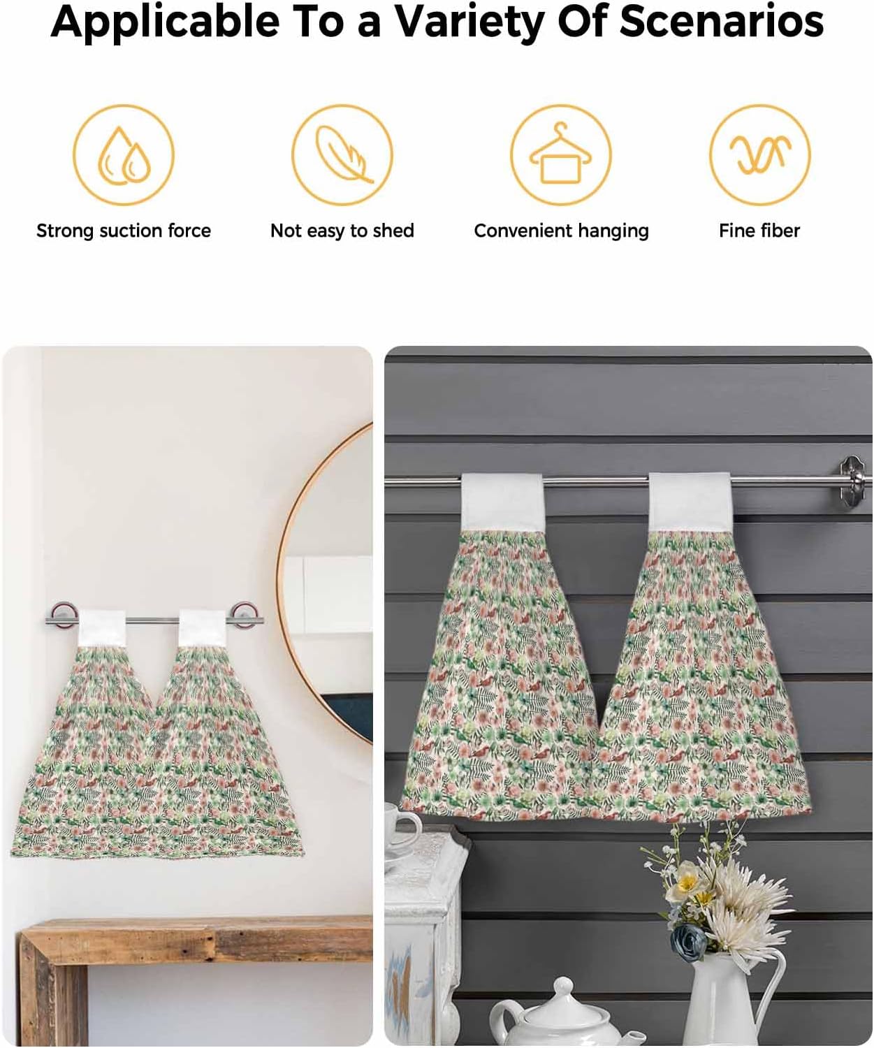 Vintage Flowers Kitchen Hand Towels with Hanging Loops Set of 2 Spring Pink Green Floral Country Leaves Birds Soft Thick Oven Fingertip Dry Microfiber Tie Dish Towel Absorbent Cleaning Washcloth