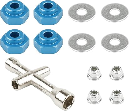 4 Sets 12mm to 17mm Hub Hex Adapter Converter & Locknut & Wrench for 1/8 RC Wheels Install on 1/10 On-Road Off Road Car Buggy Truck Truggy Tamiya Axial Traxxas HPI HSP Losi Kyosho, Blue