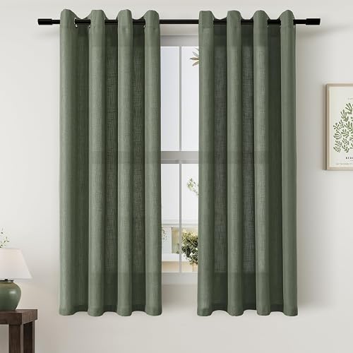 Grüne Leinen-Vorhänge, 137 cm Länge, 2 Paneele für Küche, Esszimmer, Ösen, Licht