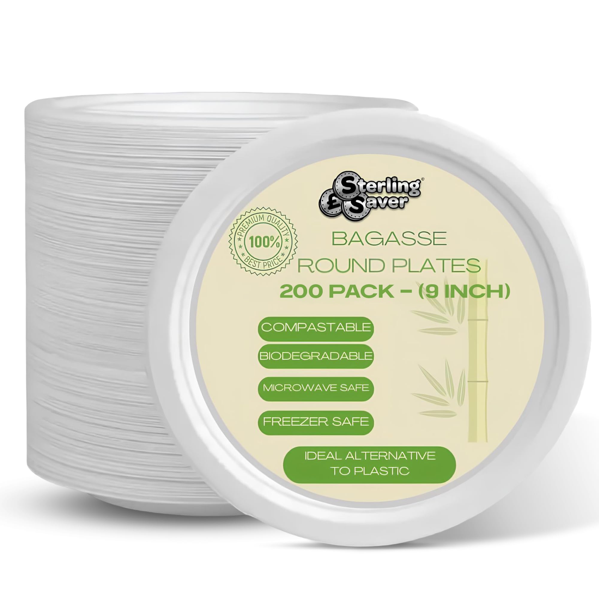 Sterling Saver Super Strong White Paper Plate 9 Inch 200 Pack for Party and Everyday Use | Bagasse Disposable Plates for Dinner and Lunch | Biodegradable and Compostable Eco Friendly Paper Plates