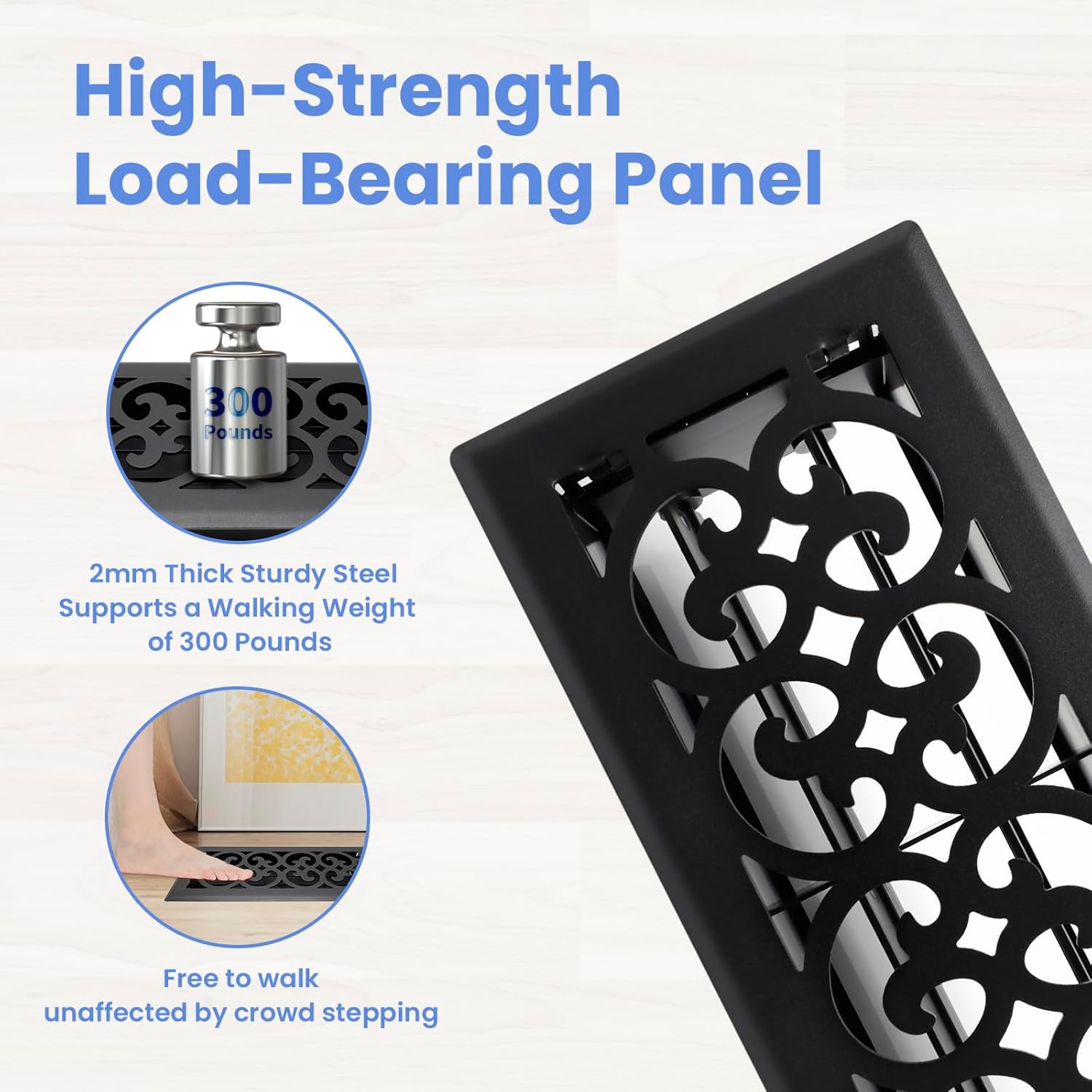 4x10 Inches 2 Pack Heavy Duty Walkable Floor Register Easy Adjust Air Supply Lever Floor Vents - Charlotte Design - Vent Cover for Home Floor - Matte Black 4x10 Inches Matte Black 2PCS