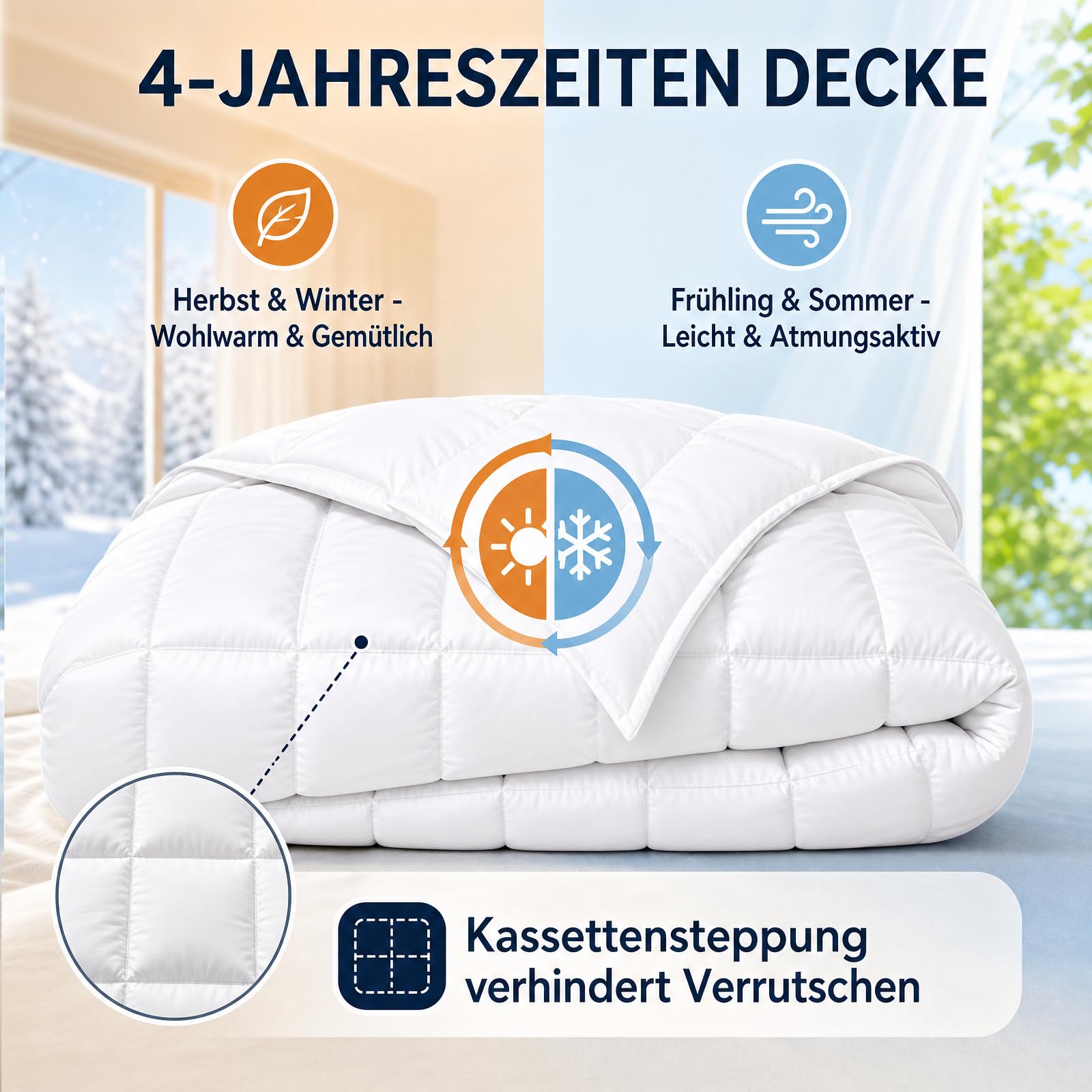 Daunendecke 200x200 Ganzjahres Bettdecke, Daunen, 100% Baumwolle Bezug, atmungsaktiv, Oeko-TEX Standard 100 Zertifiziert, leichte warme Bettdecke für Winter & Sommer, ideal für Allergiker