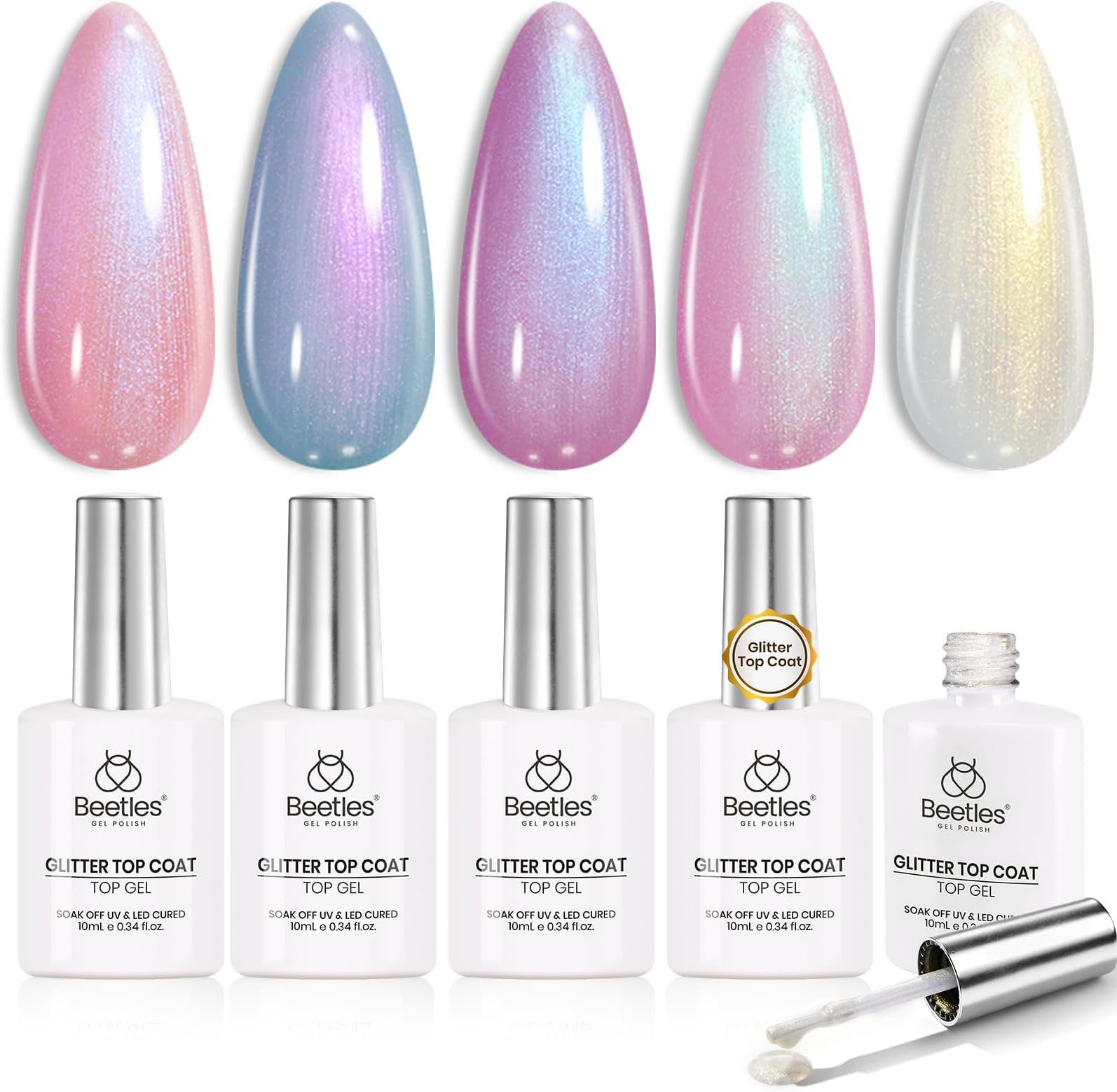 Beetles Pearl Glitter Top Coat Set, 5 Colors Iridescent Pastel Shimmer Mermaid Glossy Top Coat Gel Polish Shiny Long-Lasting No Wipe Soak Off UV LED Nail Art Gifts for Women