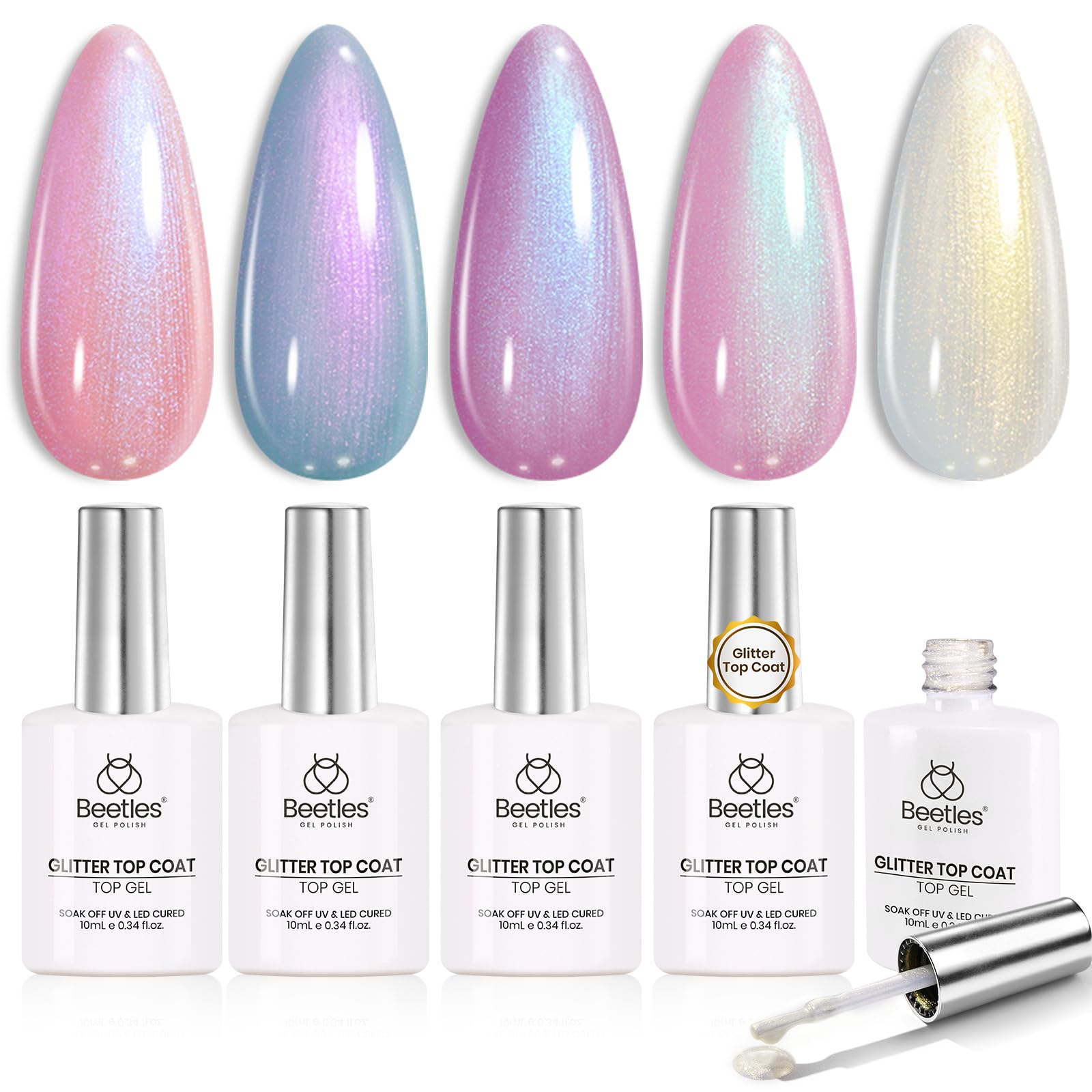 Beetles Pearl Glitter Top Coat Set, 5 Colors Iridescent Pastel Shimmer Mermaid Glossy Top Coat Gel Polish Shiny Long-Lasting No Wipe Soak Off UV LED Nail Art Gifts for Women