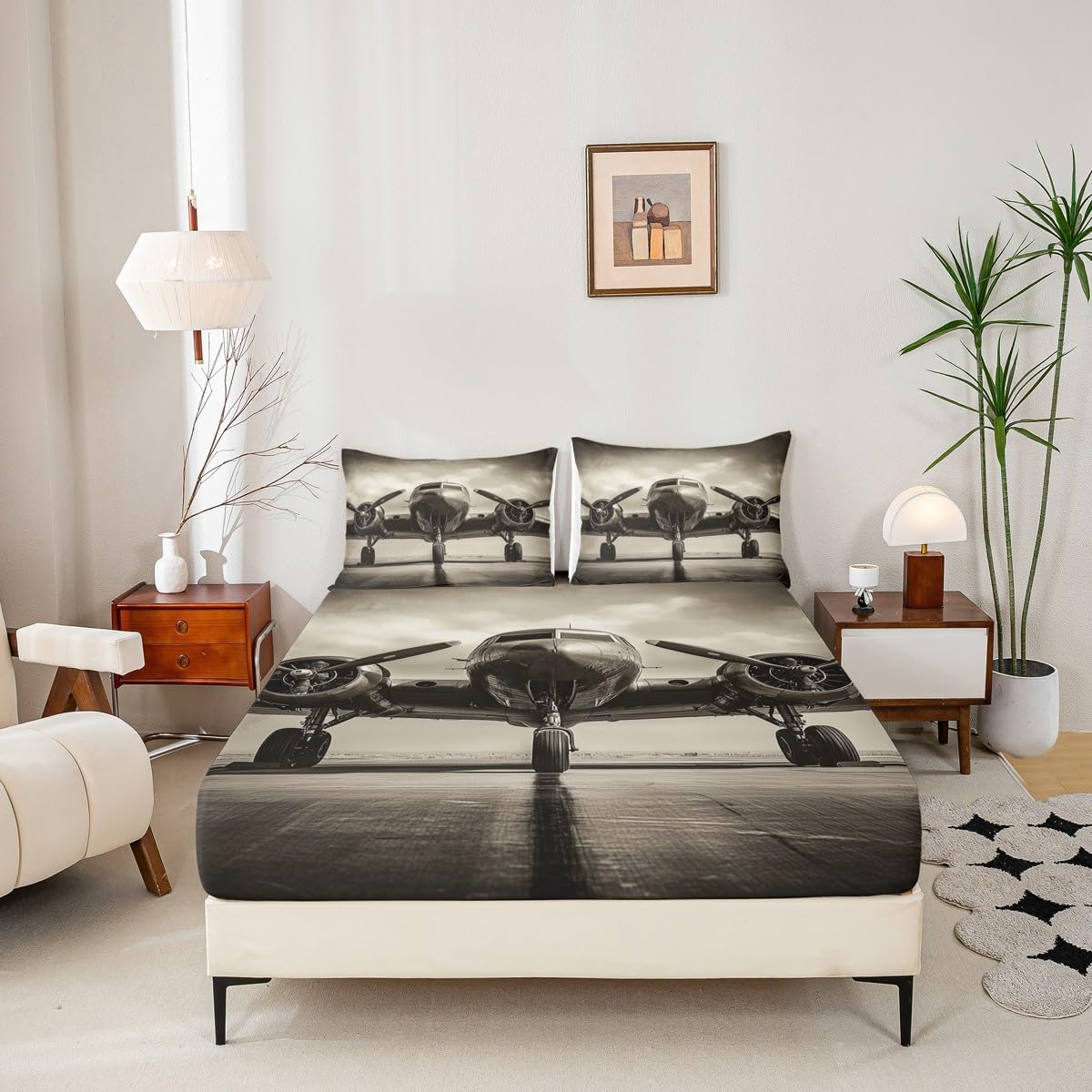 3D Airpalne Fitted Sheet Queen Size 3 Pcs,70s 80s Vintage Aircraft Decor Bedding Set for Kids Boys Teens Adults,Modern Cool Plane Print Bed Cover with 2 Pillowcases(No Top Sheet)