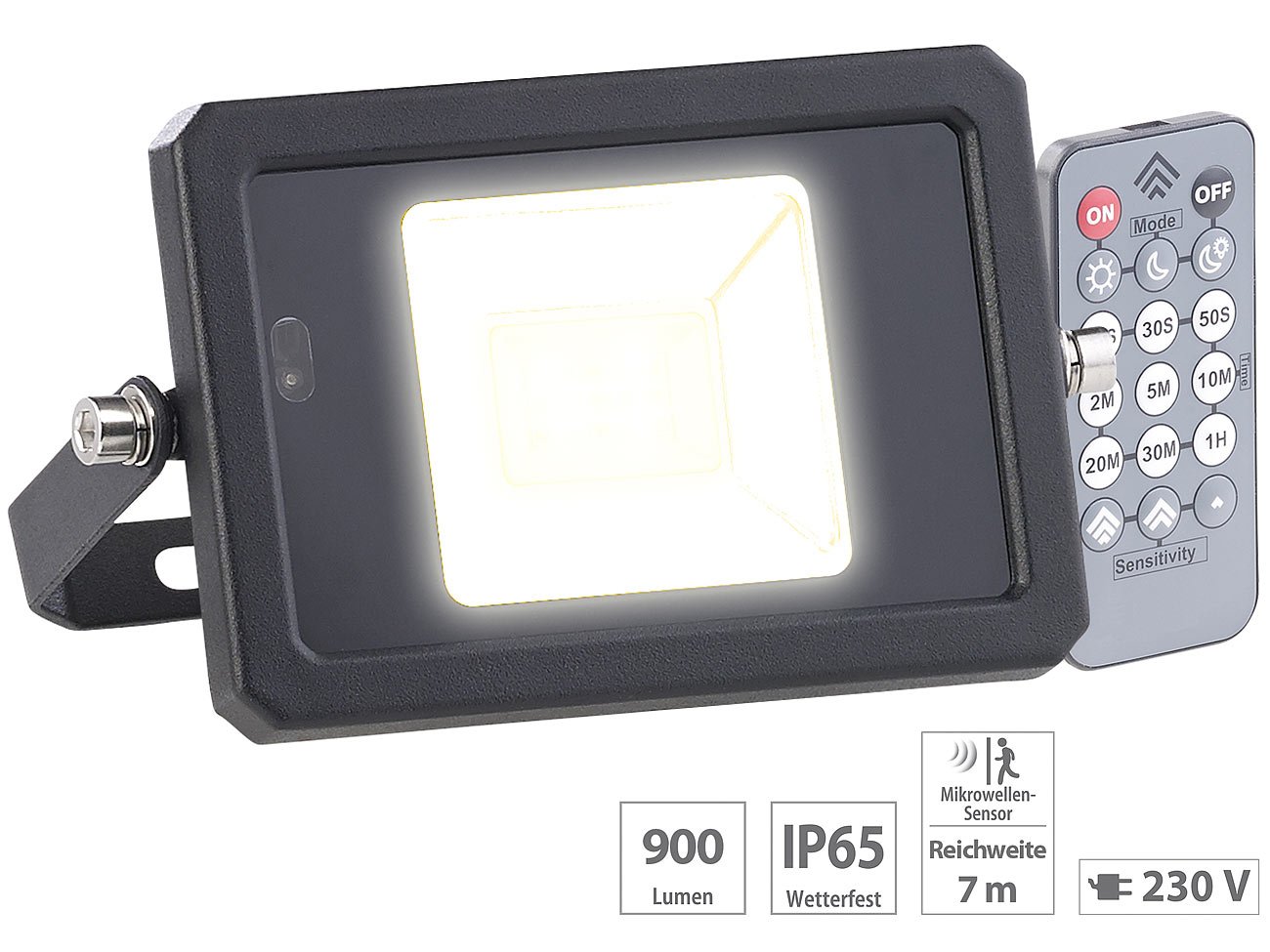 Luminea wetterfeste LED-Strahler: 2er-Set wetterfeste LED-Fluter, Radar-Bewegungssensor, Fernbed., 10 W (Flutlicht mit Bewegungsmelder, Strahler Fernbedienung)