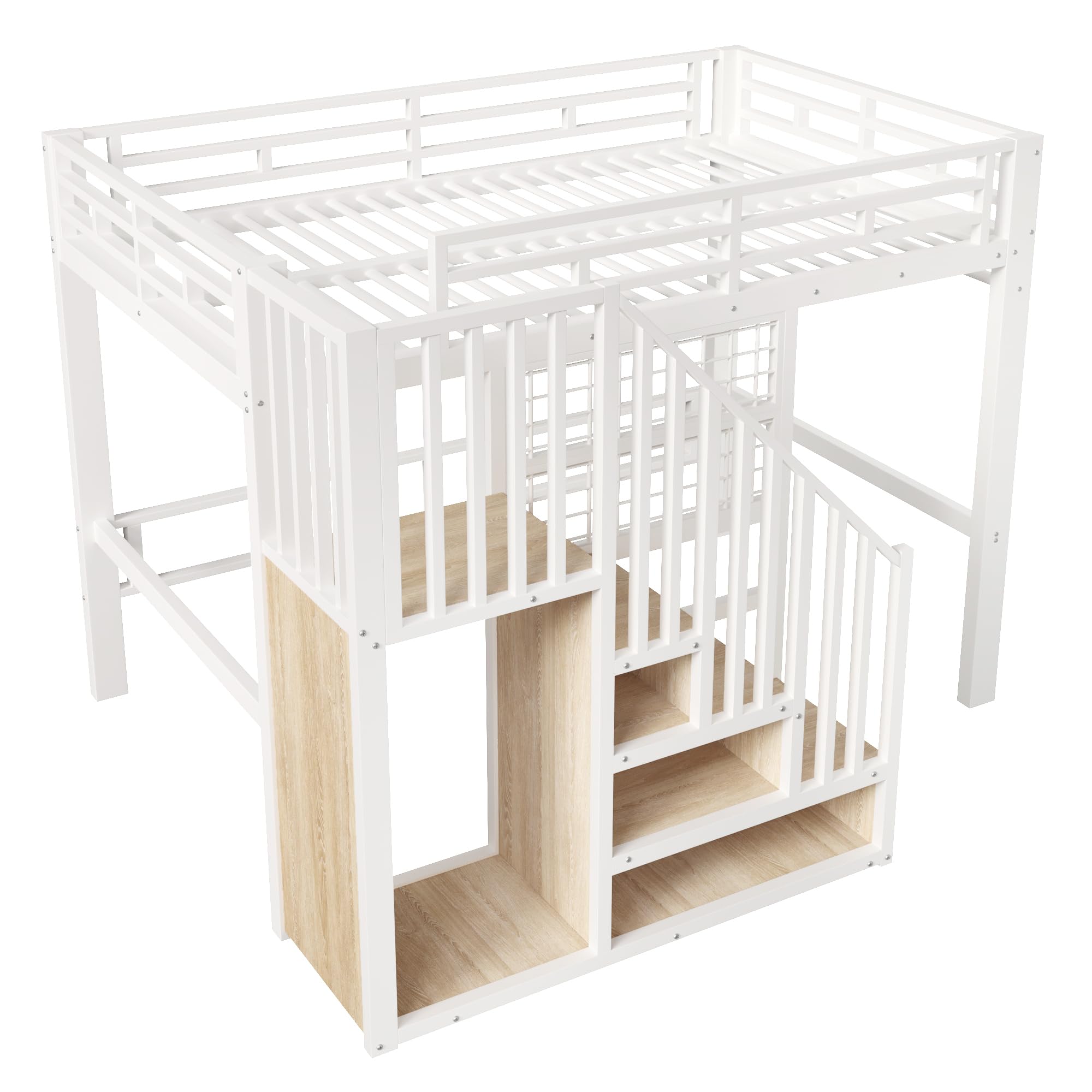Merax Hochbett 140x200 cm mit Treppe und Stauraum, Metallbett Jugendbett mit LED-Beleuchtung, Gitterwand & Leinwand-Halterung, Platzsparendes Bettgestell (ohne Matratze & Leinwand), Weiß
