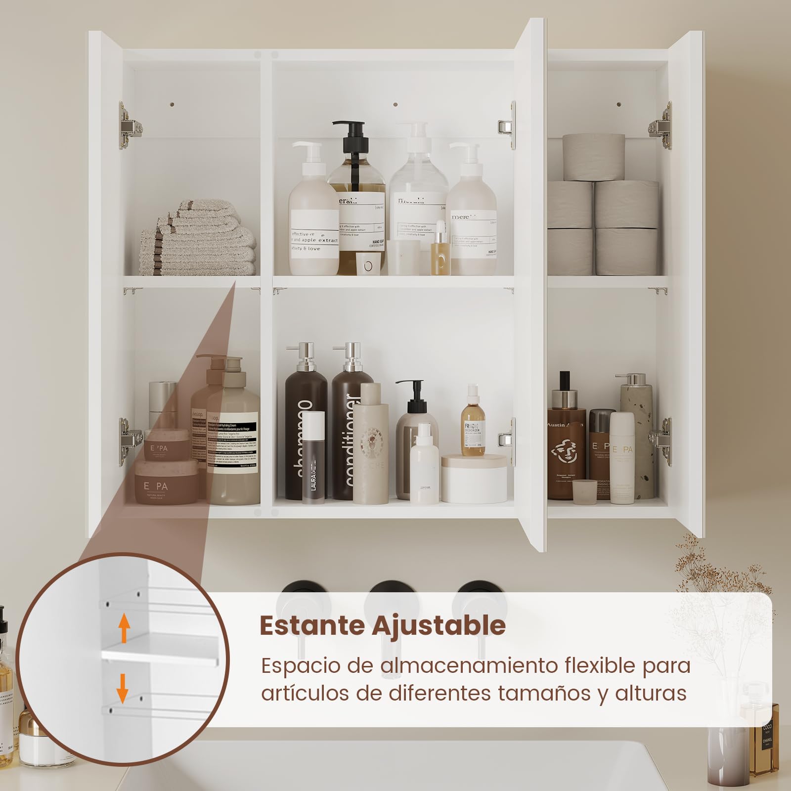 DICTAC Armario de Baño con Espejo 70x60x16cm Armario de Pared con 3 Puertas y Estantes Ajustable Espejo de Pared con Espacio Interno de Almacenamiento, 70cm Armario con Espejo para Baño,Blanco
