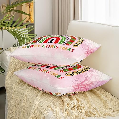 Miniatura 3 de Manfei Funda de almohada navideña de arcoíris de 16 x 16 pulgadas, estampado de leopardo rojo y verde a cuadros de doble cara para sofá, cama, sofá,