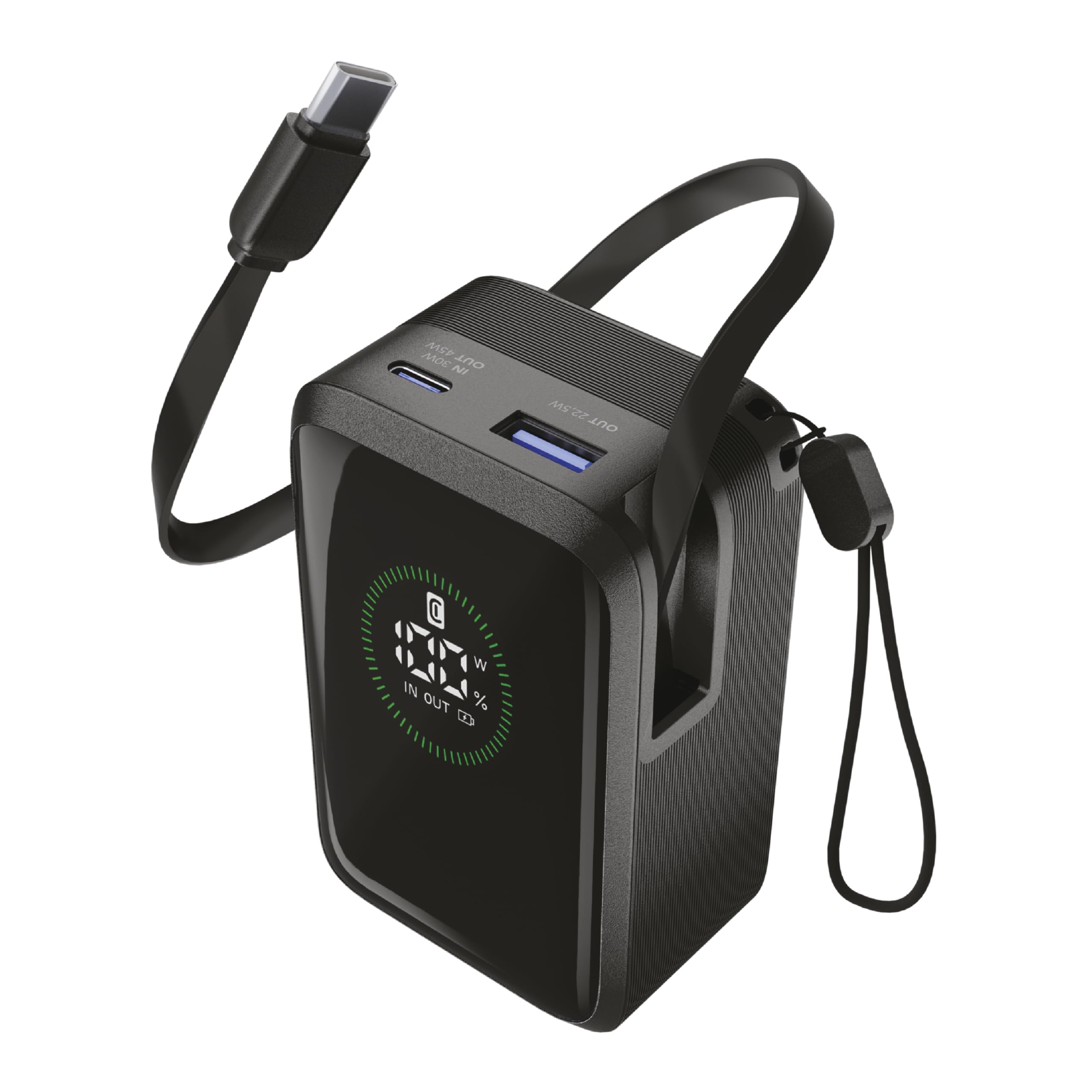 Cellularline Powerbank Roller 10.000 mAh mit 45 W Schnellladefunktion, integriertem 70 cm USB-C-Kabel, LCD-Display, DREI Anschlüssen und Trageschlaufe Schwarz