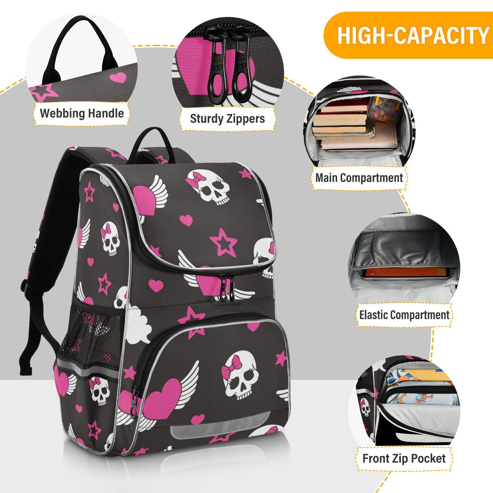 Vnurnrn Zucker Schädel Geschenk Angel Star Heart Kinderrucksack Schulter Rucksack für Jungen Mädchen Bookbag Laptop Büchertasche Rucksäcke Für Schule