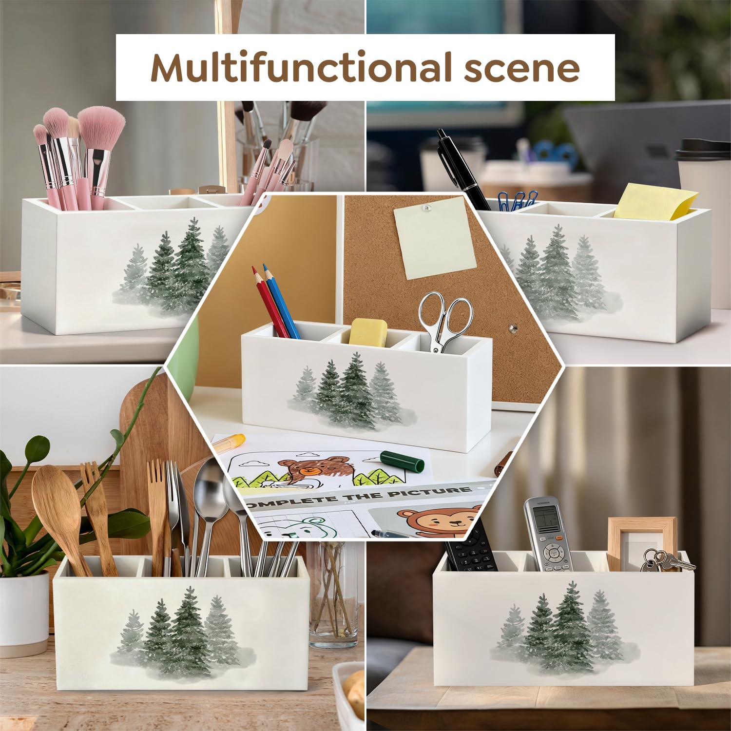 Portapenne organizer per scrivania, albero di Natale, foresta invernale, albero di pino paesaggio, decorazioni natalizie, decorazione per ufficio per casa, camera da letto, soggiorno