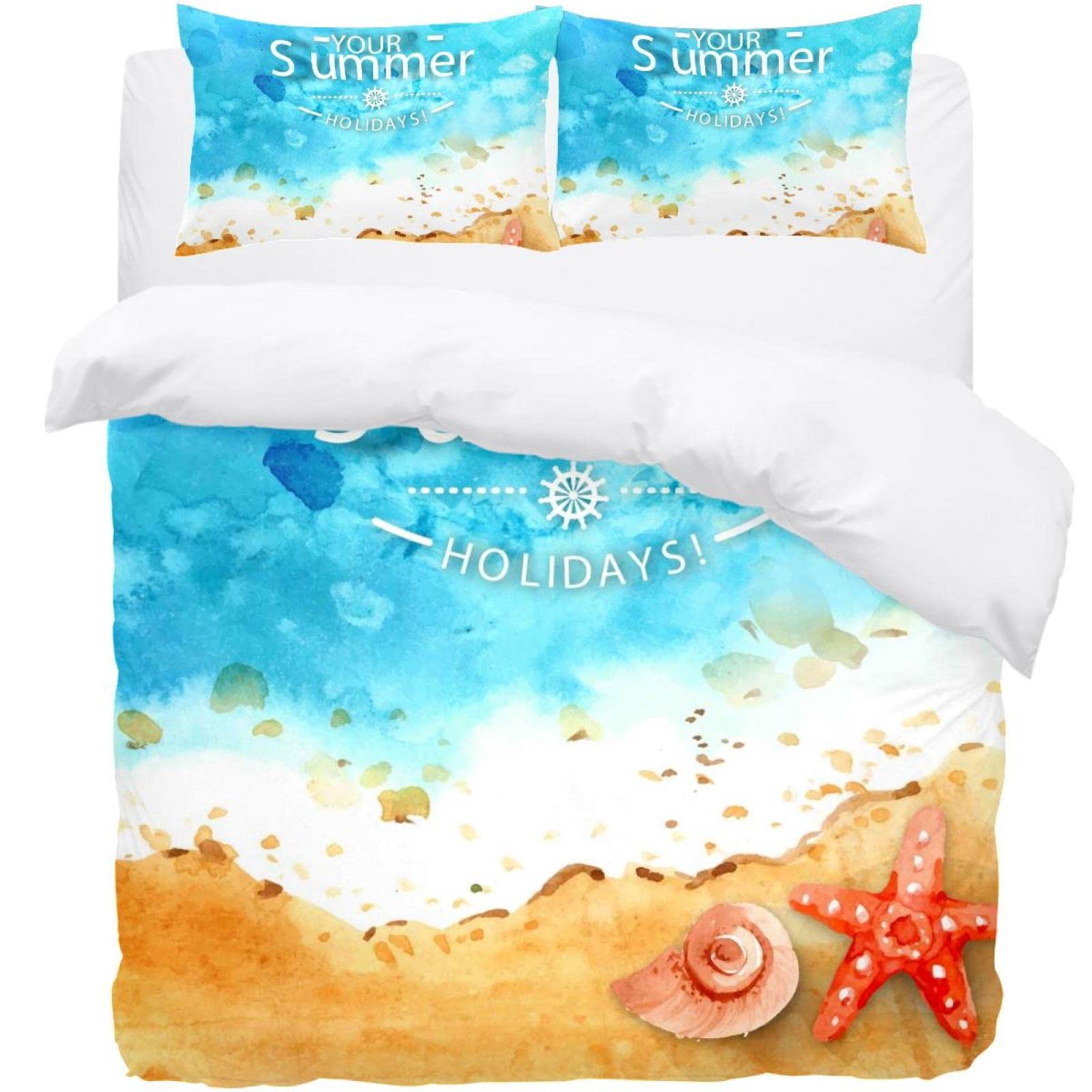 Housse de couette 1 personne motif étoiles mer coquillages et 2 taies d'oreiller parure de lit 3 pièces