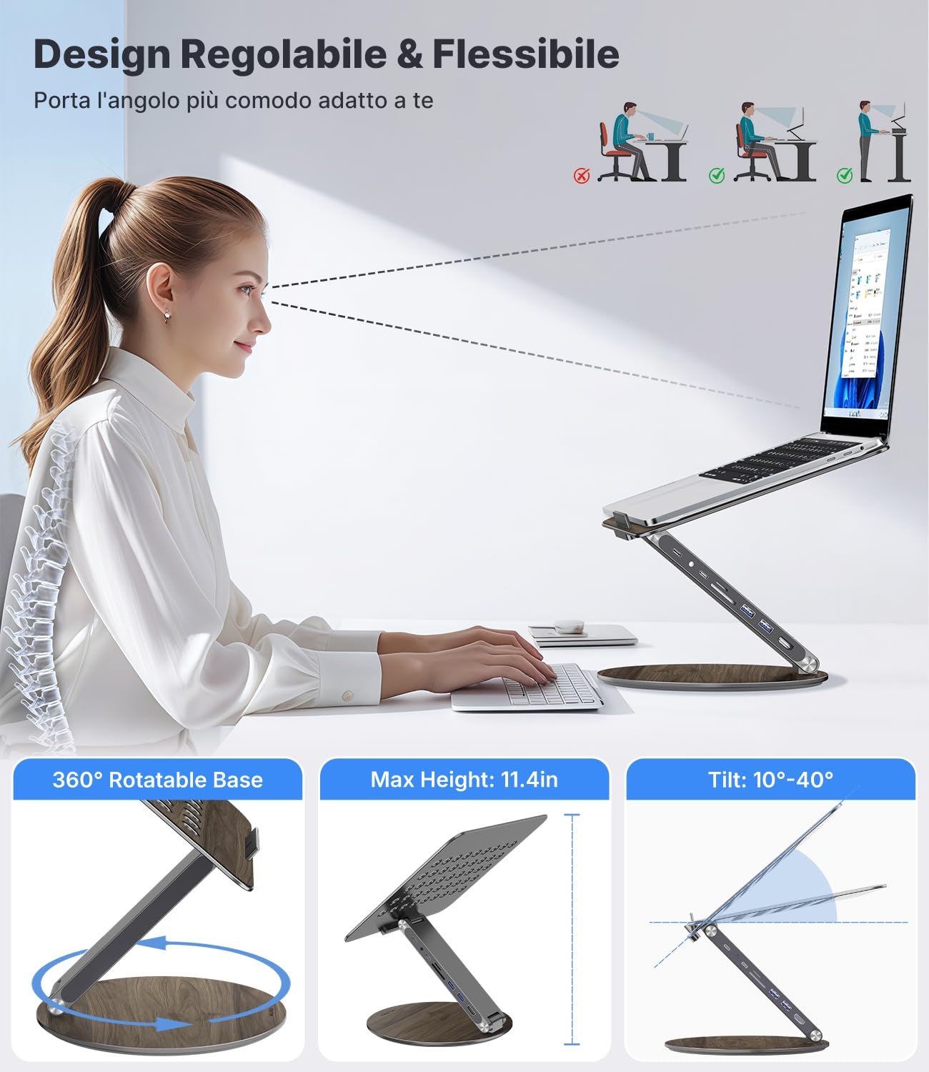 KU XIU Regolabile Supporto Laptop con Docking Station 8-in-1 Alluminio | Supporto con Base Girevole a 360°, Dual Display 4K60Hz HDMI USB 3.0 PD 100W Per MacBook Pro/Air Laptop da 10-17 Pollici