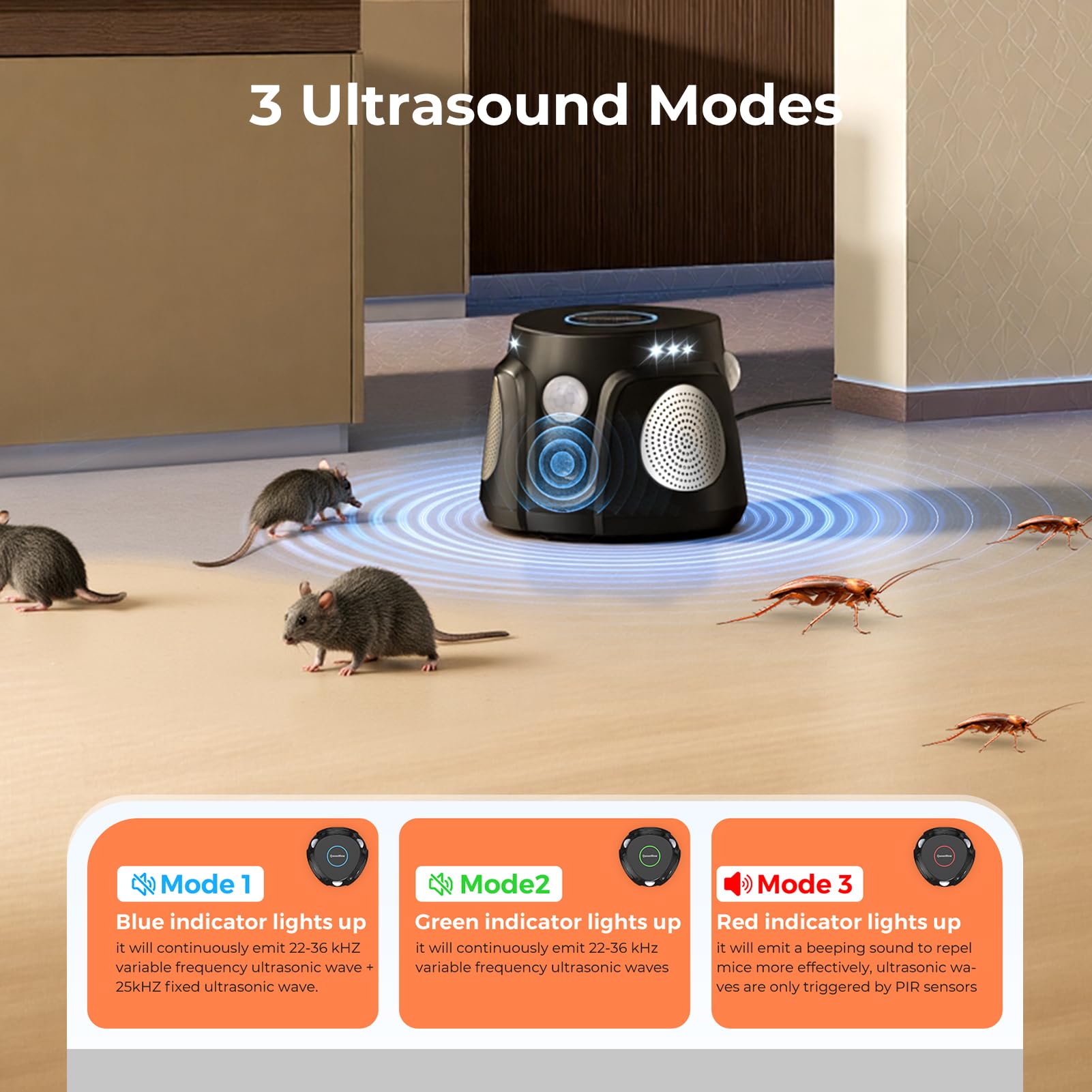 Ultrasons Souris et Rats avec 3 Emetteurs à Ultrasons, 3 Modes Anti Souris Répulsif Souris Brancher avec 9 Lumières Stroboscopiques, 360° Anti Rongeurs pour Rat Araignée Moth