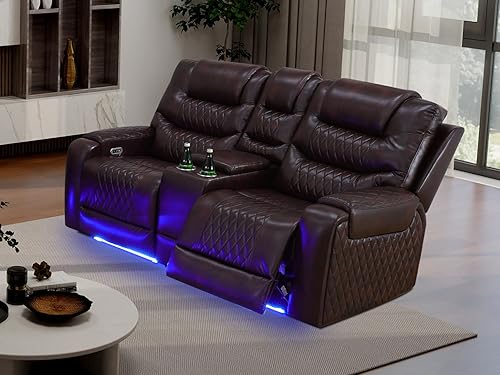 Miniatura 10 de Juego de sofá para sala de estar, sofá de dos plazas con consola de almacenamiento, portavasos, luz LED, puerto USB para apartamento, oficina