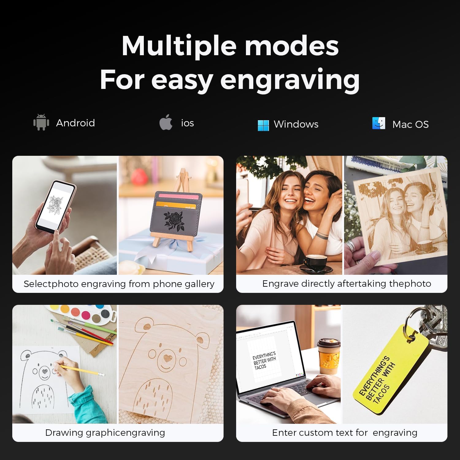 Multiple modes for easy engraving, showing smartphone app control, drawing graphic engraving, and custom text engraving on a laptop.